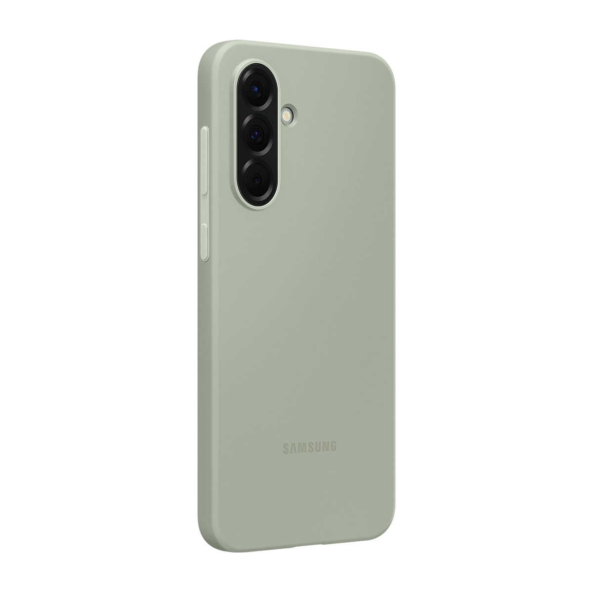 Üç kamera lensli, açık yeşil bir telefon kılıfı. Samsung logosu görünür. Beyaz zemin üzerinde izole edilmiştir.