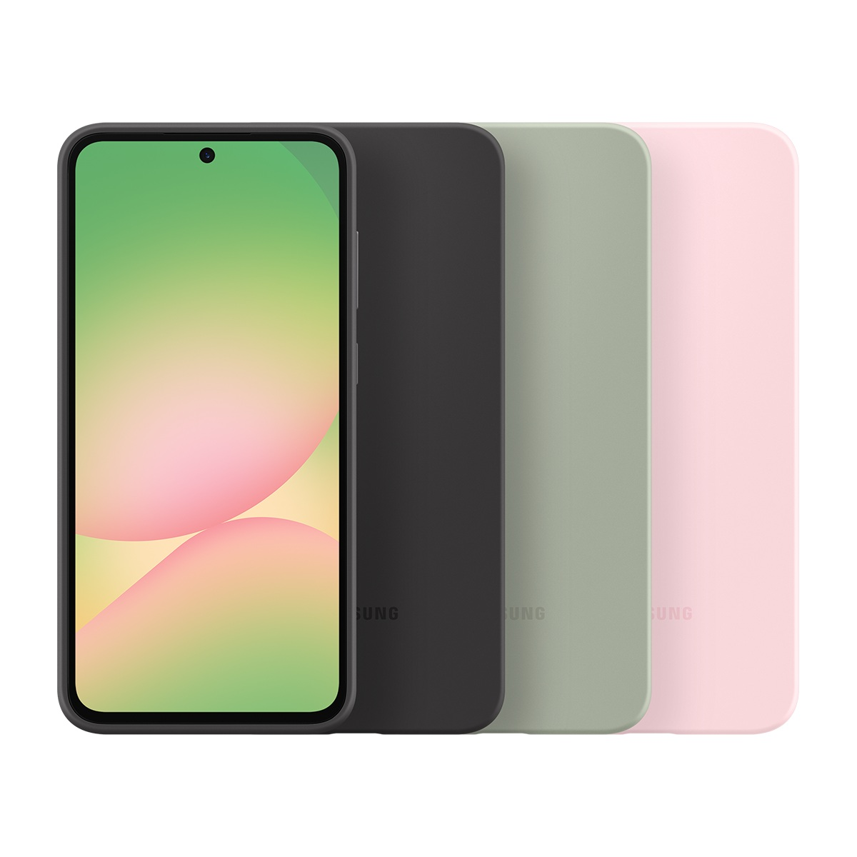 Yan yana dört telefon, biri ekranlı ve üçü siyah, yeşil ve pembe kılıflı.