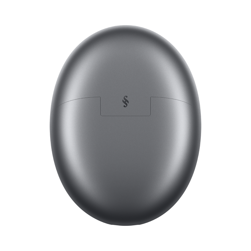 Siyah arka planda Sennheiser logosu bulunan gri oval şarj kutusu.