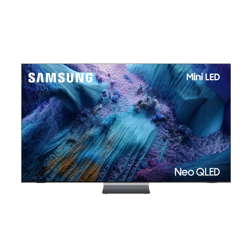 Televisor SAMSUNG con tecnología Mini LED y Neo QLED. La pantalla muestra un patrón colorido.