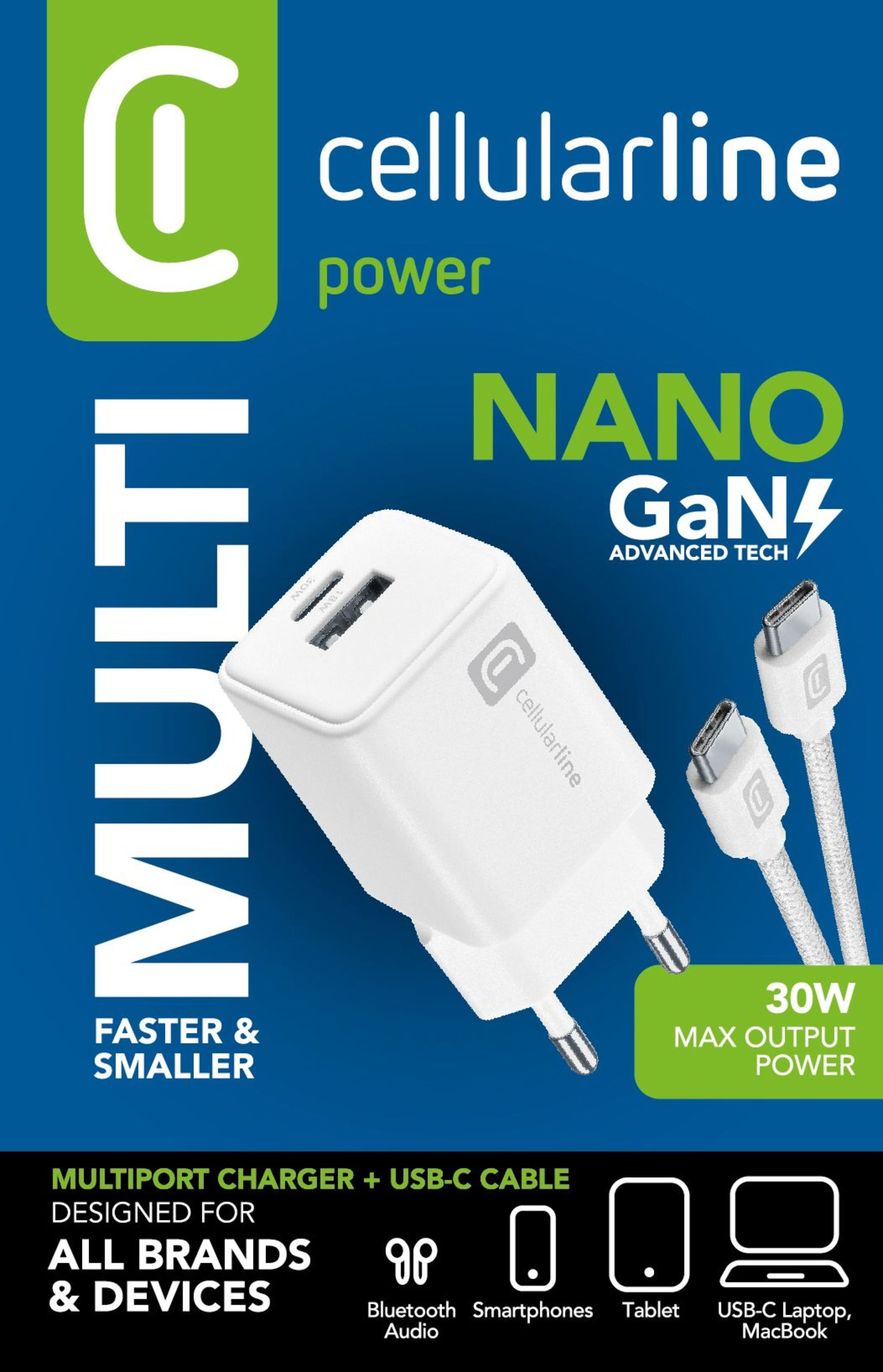 USB bağlantı noktalarına sahip beyaz bir şarj cihazı ve iki USB-C kablosu. Üzerinde "cellularline power" yazılı.