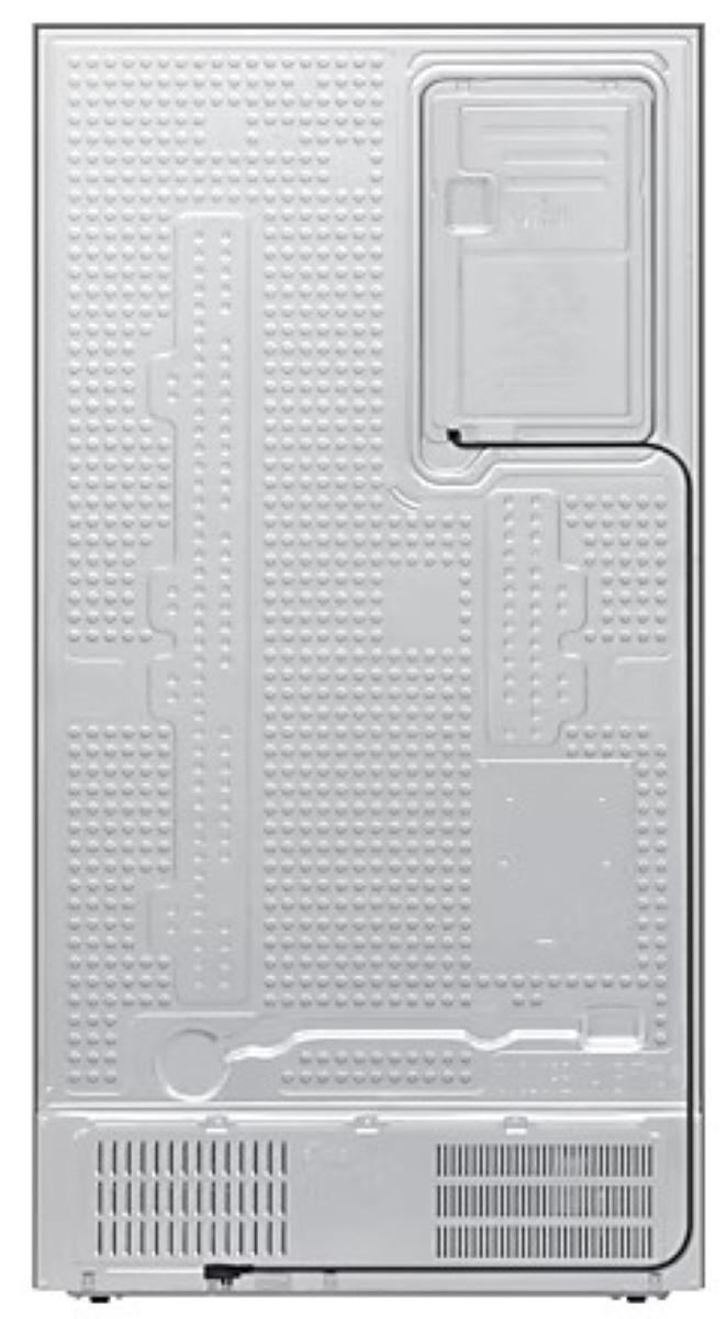 Widok z tyłu srebrnej lodówki z teksturowanym metalem, na białym tle.