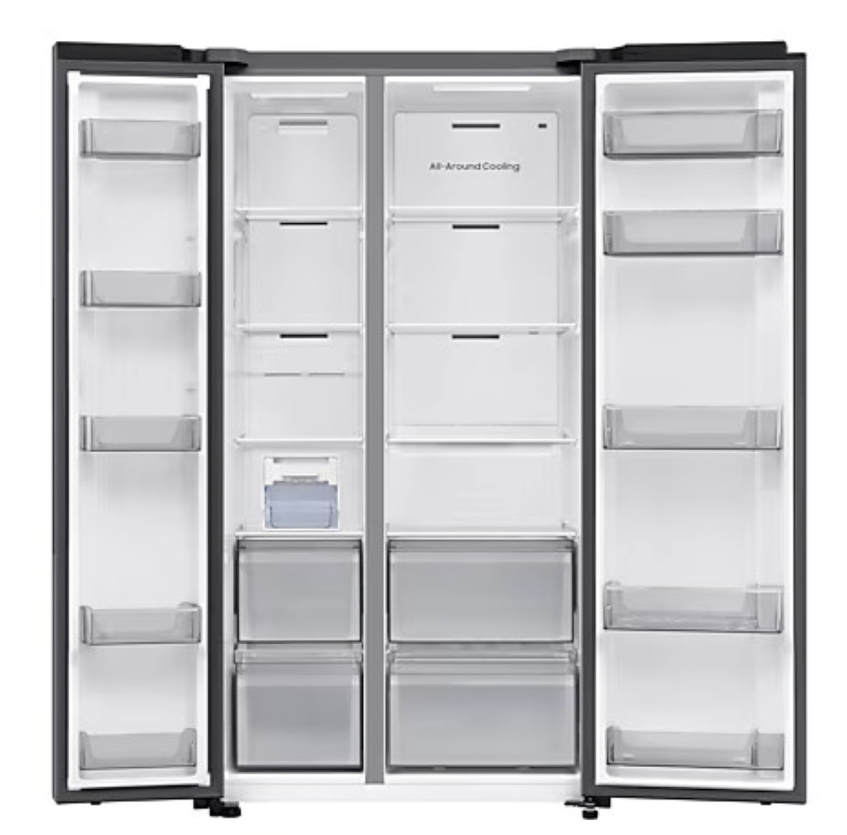 Srebrna lodówka z otwartymi drzwiami, pokazująca półki, szuflady i zawartość, na białym tle.