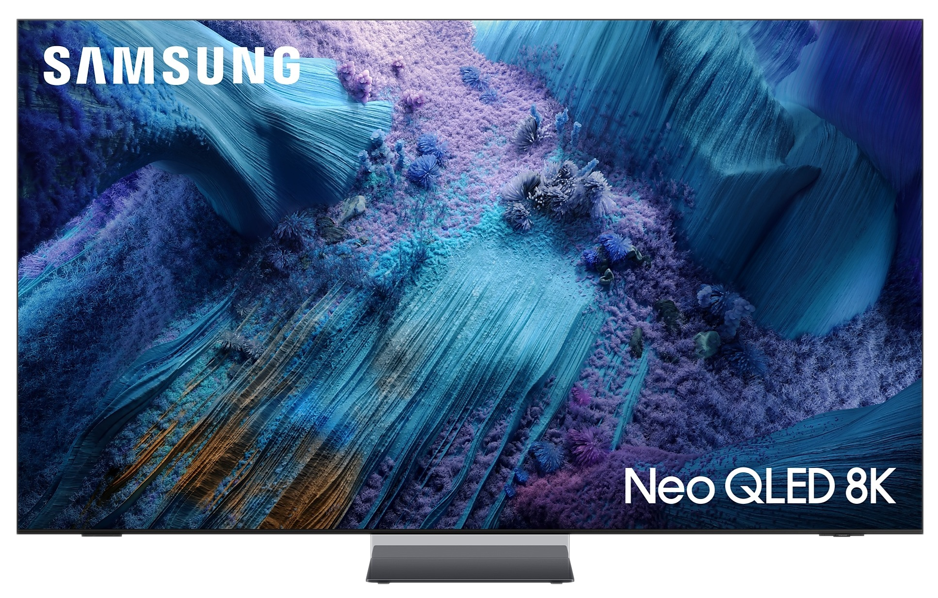 Zbliżenie rogu telewizora z niebieskim, falistym tłem.