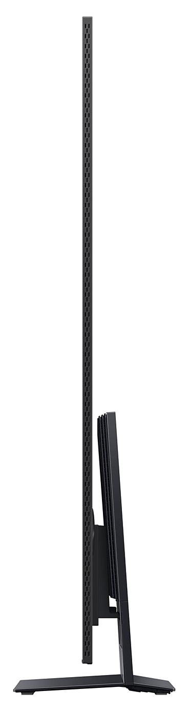 Czarny telewizor, widok z boku, na białym tle. Ma wysoką, perforowaną kolumnę i prostokątną podstawę.