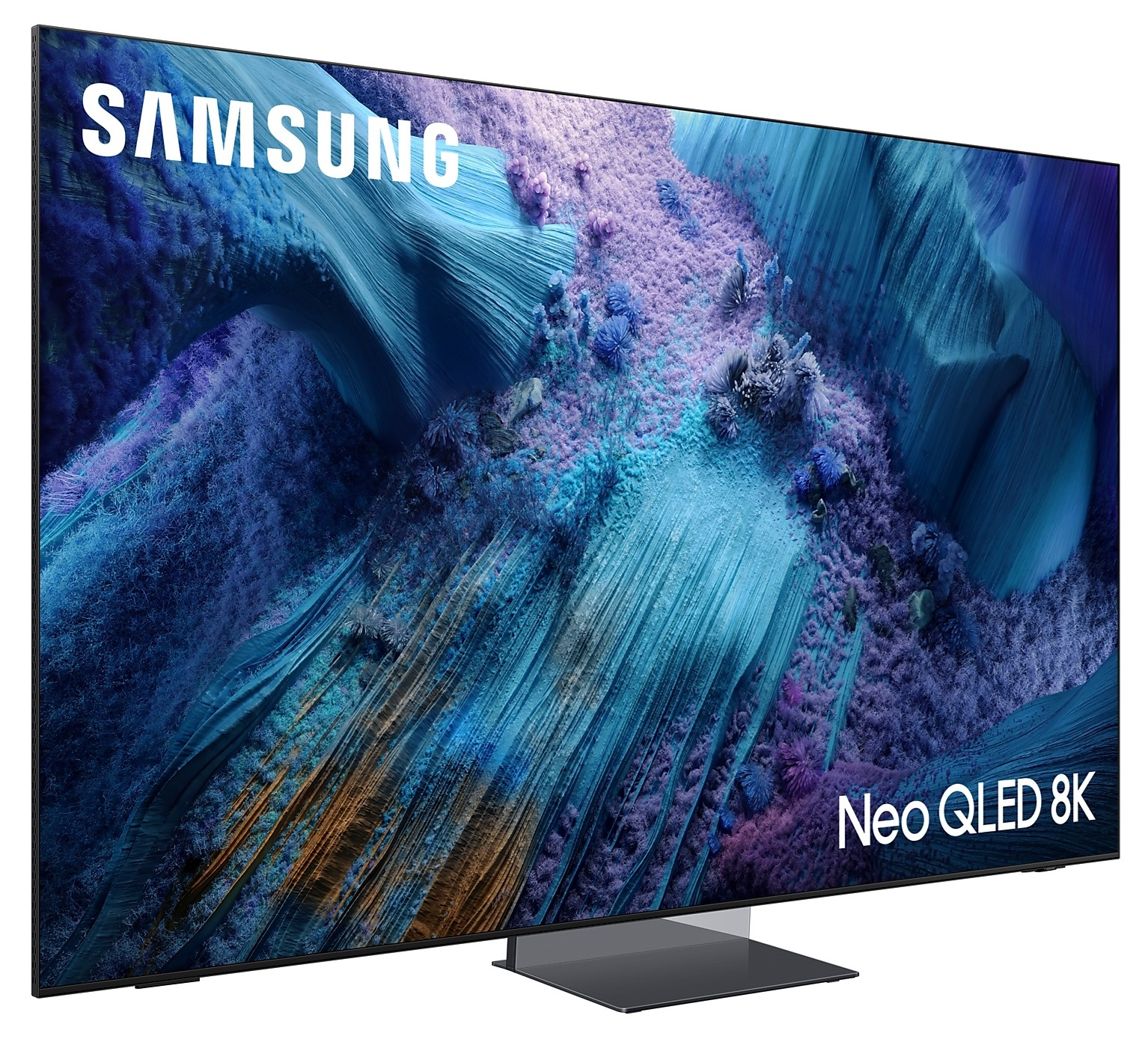 Duży telewizor Samsung Neo QLED 8K wyświetla kolorowy abstrakcyjny obraz. Widoczne logo Samsung i Neo QLED 8K.