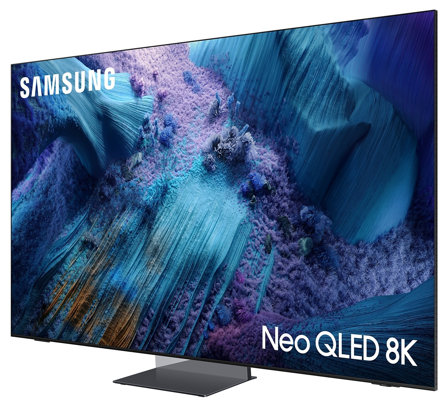 Duży telewizor Samsung Neo QLED 8K wyświetla kolorowy abstrakcyjny obraz. Widoczne logo Samsung i Neo QLED 8K.