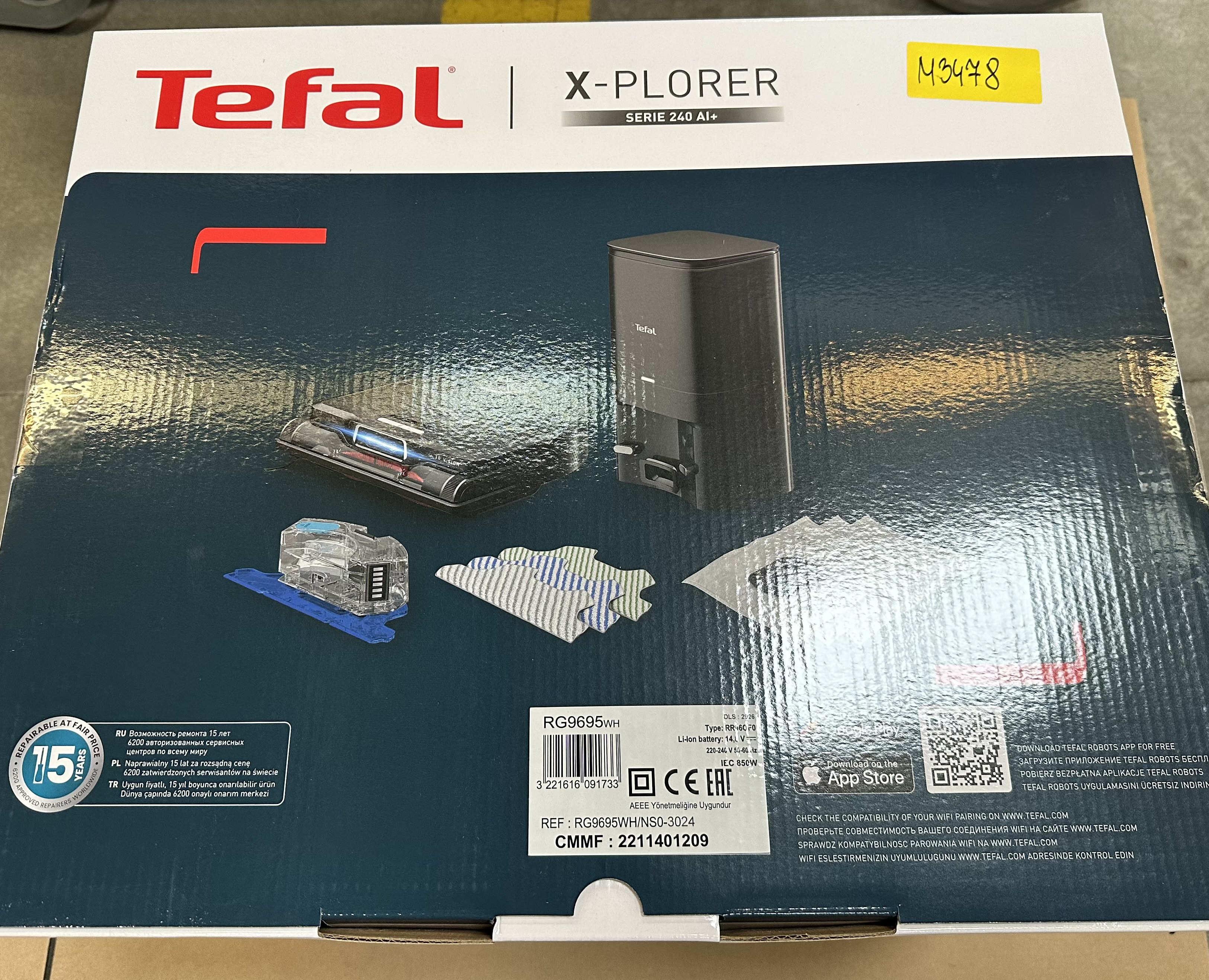 Tył pudełka Tefal X-PLORER Serie 240 AI+. Na pudełku znajdują się zdjęcia różnych elementów.