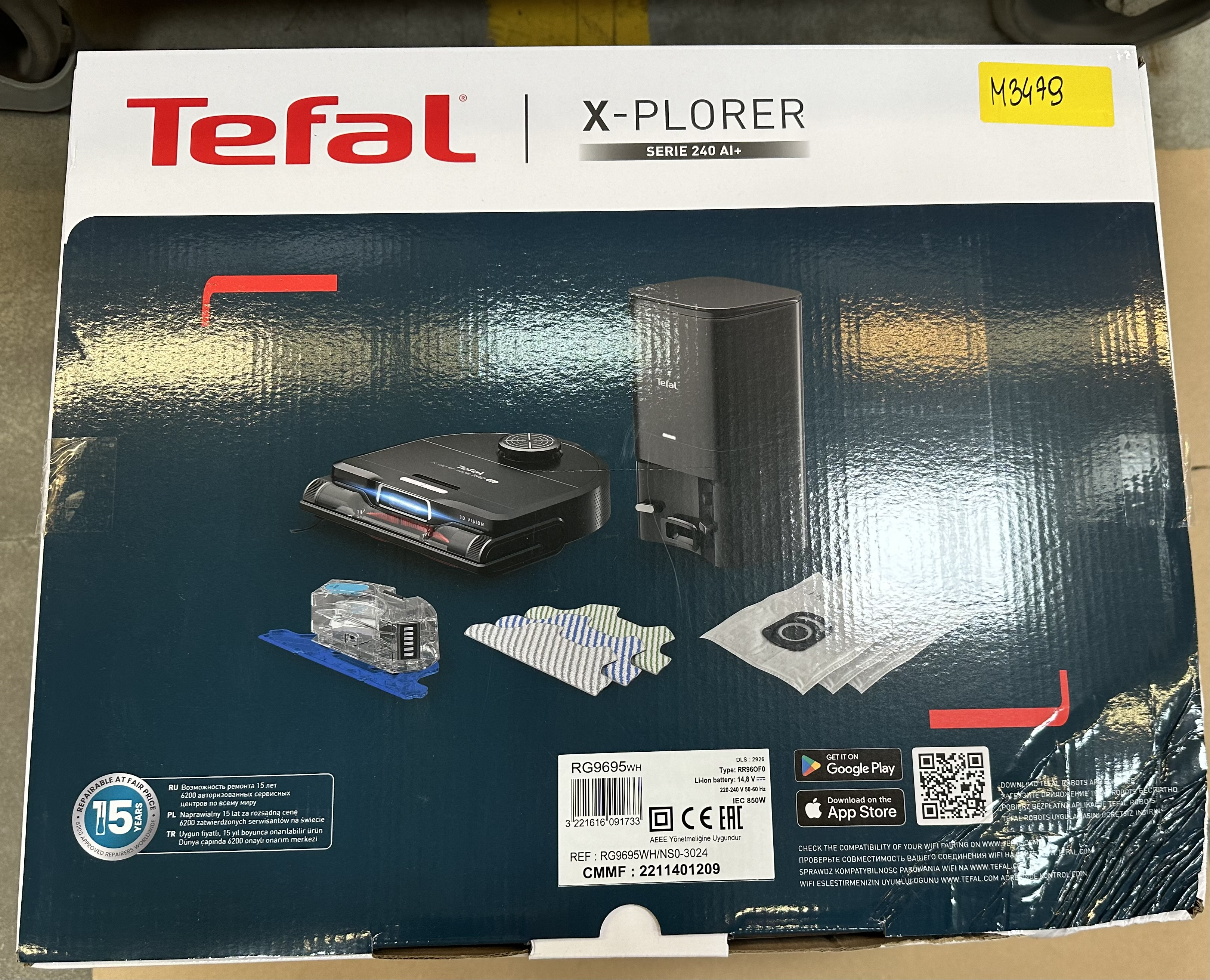 Tył pudełka Tefal X-PLORER Serie 240 AI+. Na pudełku znajdują się zdjęcia różnych elementów.