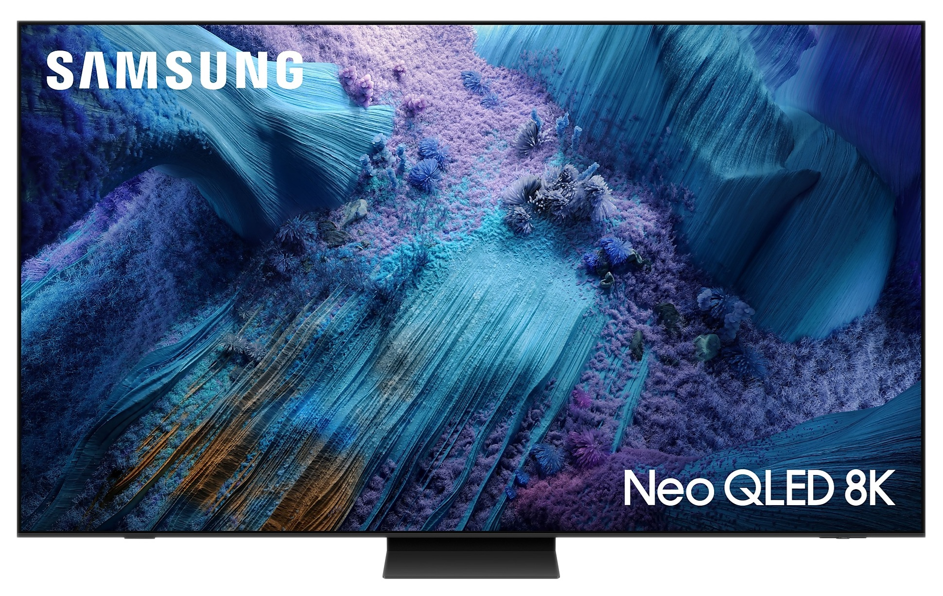 Telewizor Samsung Neo QLED 8K. Ekran wyświetla kolorowy, abstrakcyjny krajobraz z niebieskimi i fioletowymi tonami.