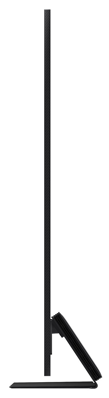 Widok z boku czarnego telewizora, z cienkim ekranem, podstawą i teksturowanym panelem tylnym.