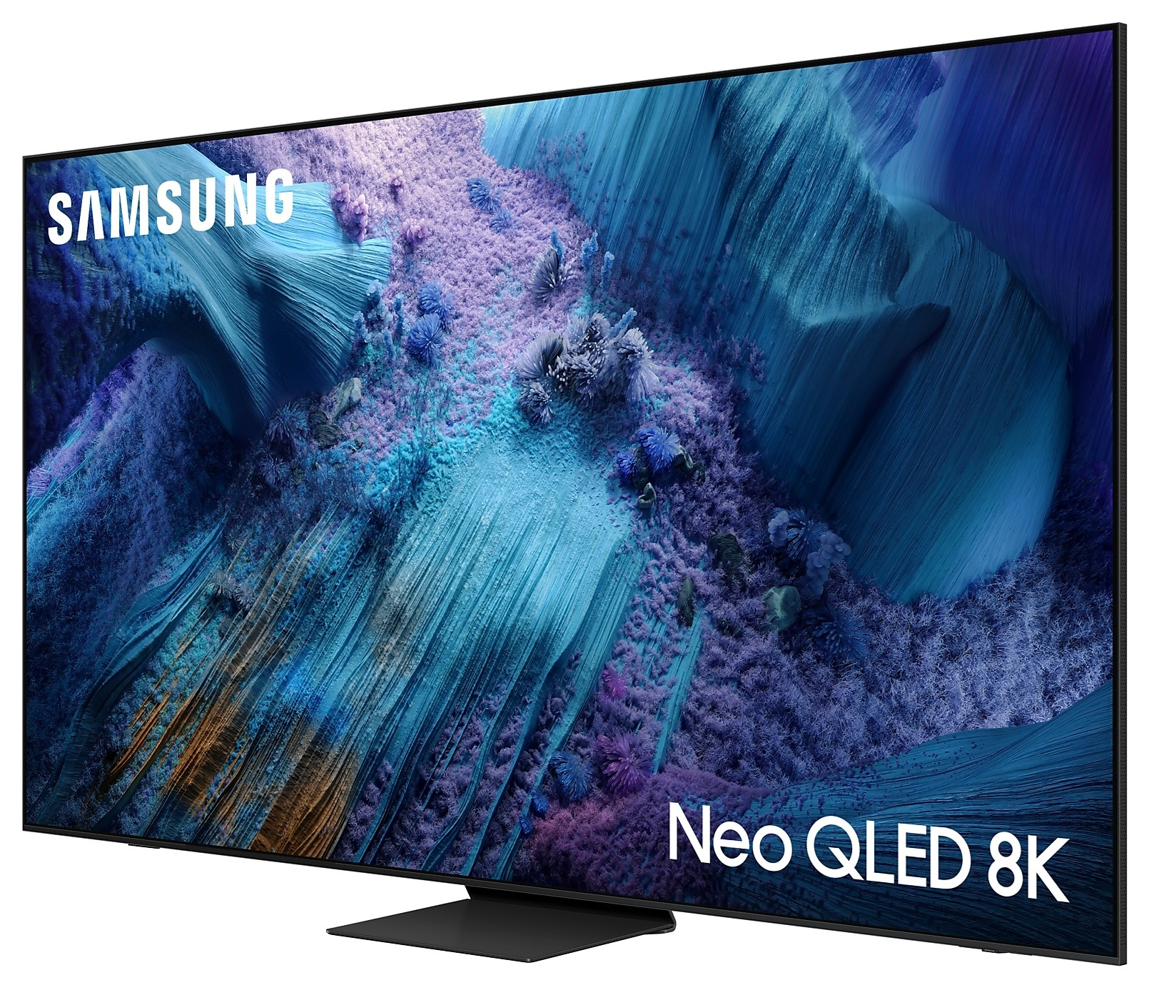 Telewizor Samsung Neo QLED 8K. Wyświetla kolorowy, abstrakcyjny krajobraz z niebieskimi i złotymi tonami.