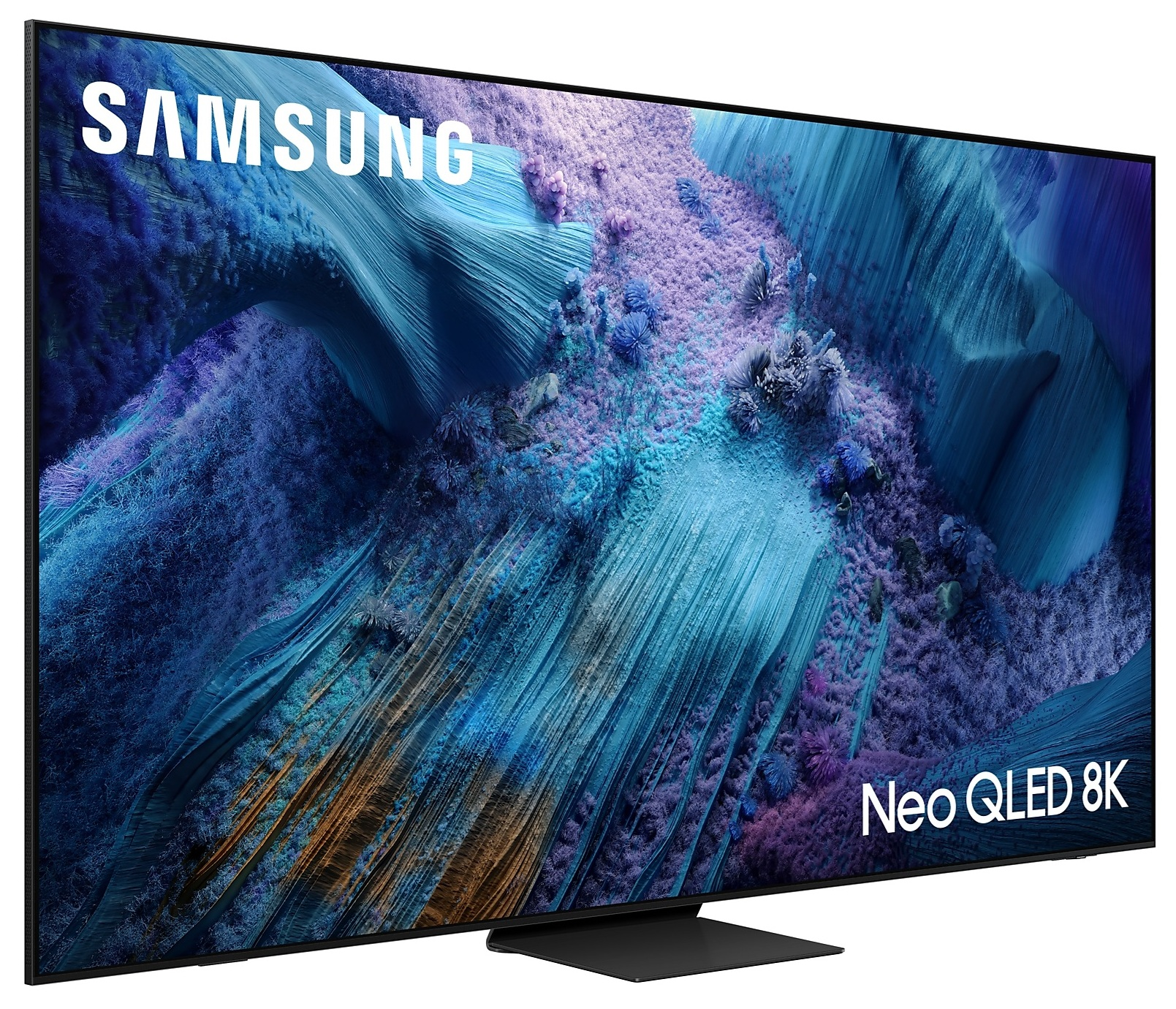 Telewizor Samsung Neo QLED 8K. Ekran wyświetla kolorowy, abstrakcyjny krajobraz ze złotymi i brązowymi tonami.