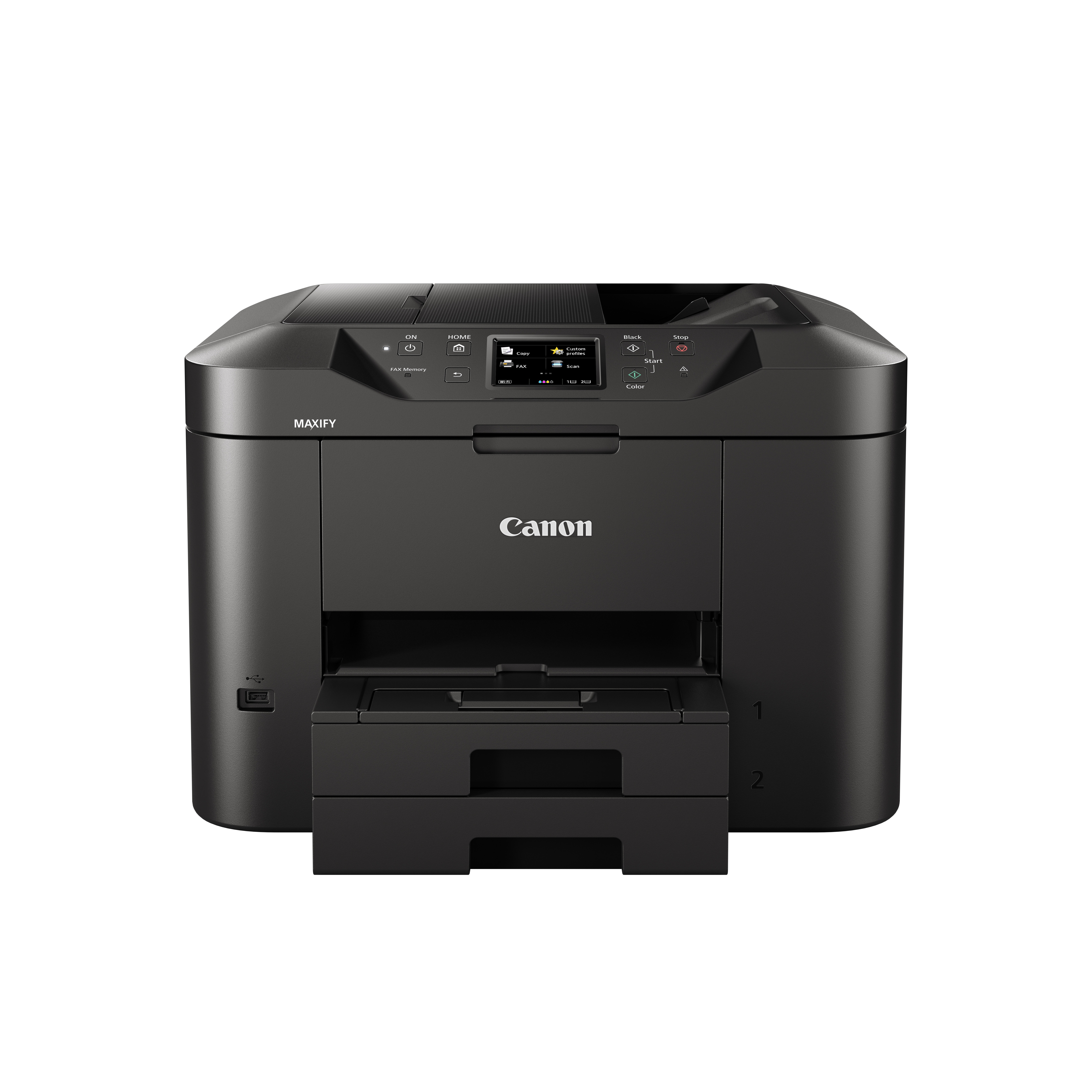 Schwarzer Canon-Drucker mit geschlossenem Papierausgabefach und Bedienfeld.
