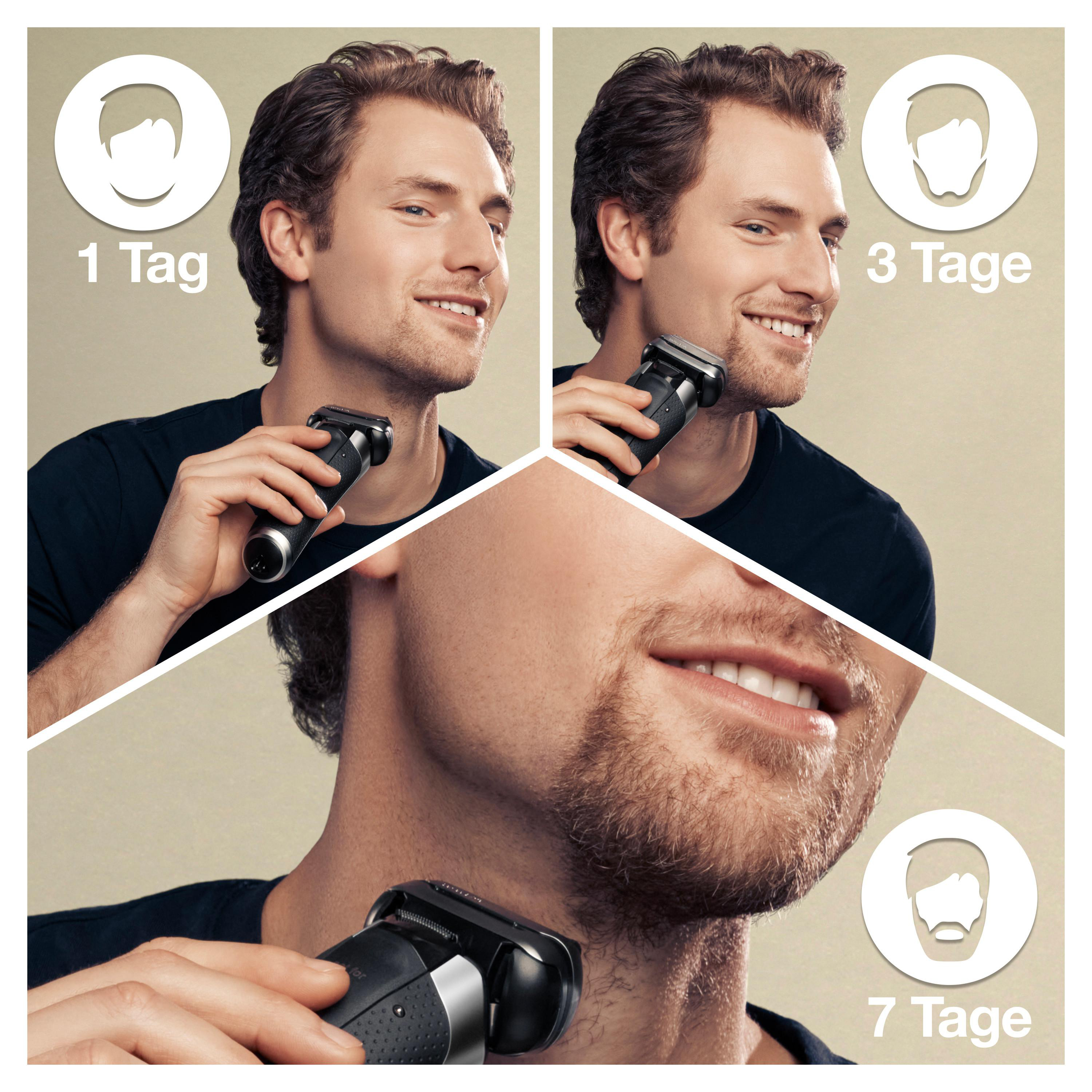 Drei Bilder zeigen einen Mann vor und nach der Rasur. Text: '1 Tag', '3 Tage', '7 Tage'.