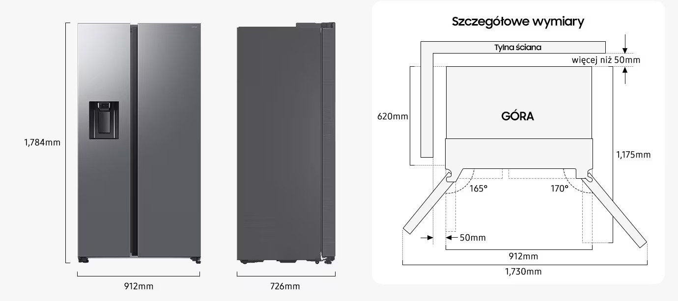 Widok z boku i z przodu szarej lodówki z dozownikiem wody, wymiarami i schematem otwierania drzwi.