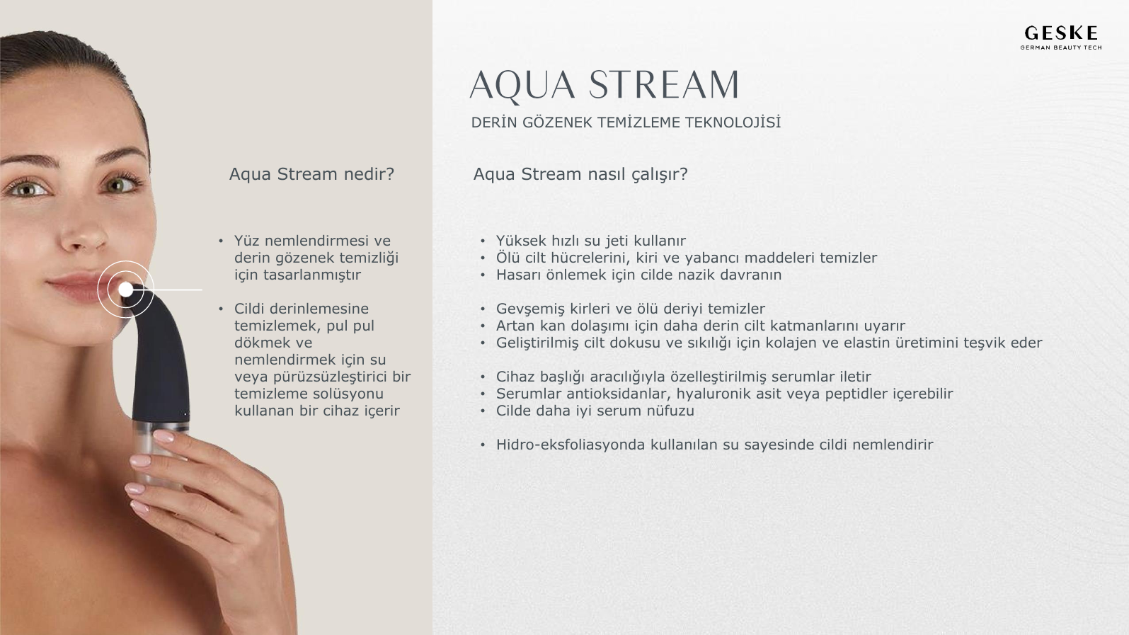 Bir kadın yüz bakım cihazıyla. Metinde "Aqua Stream" ve nasıl çalıştığı gösterilmektedir.