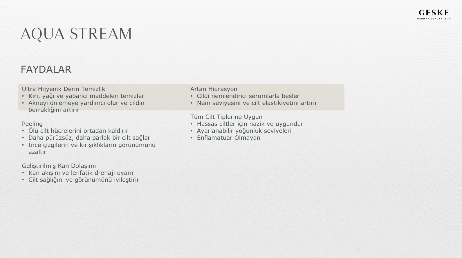 "Aqua Stream" ve faydaları hakkında metin infografik: derinlemesine temizlik, hidrasyon, peeling vb.