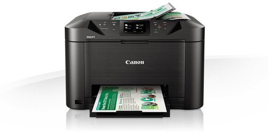 Schwarzer Canon-Drucker mit Papierausgabe und -eingabe. Zeigt ein Dokument an und hat einen Bildschirm. Weißer Hintergrund.