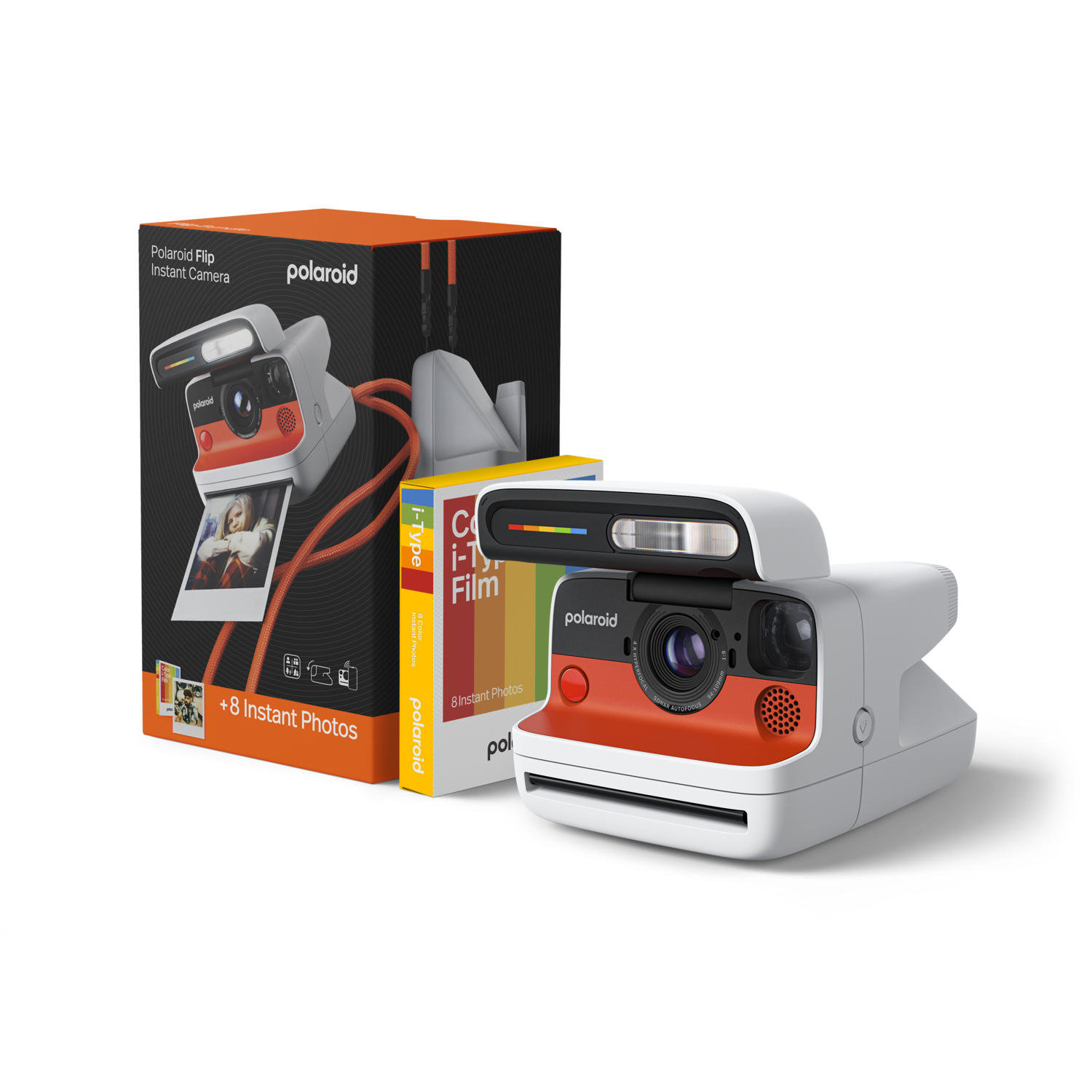 Een witte en oranje Polaroid camera met een doos en een filmpakket. De camera staat op een zwarte achtergrond.