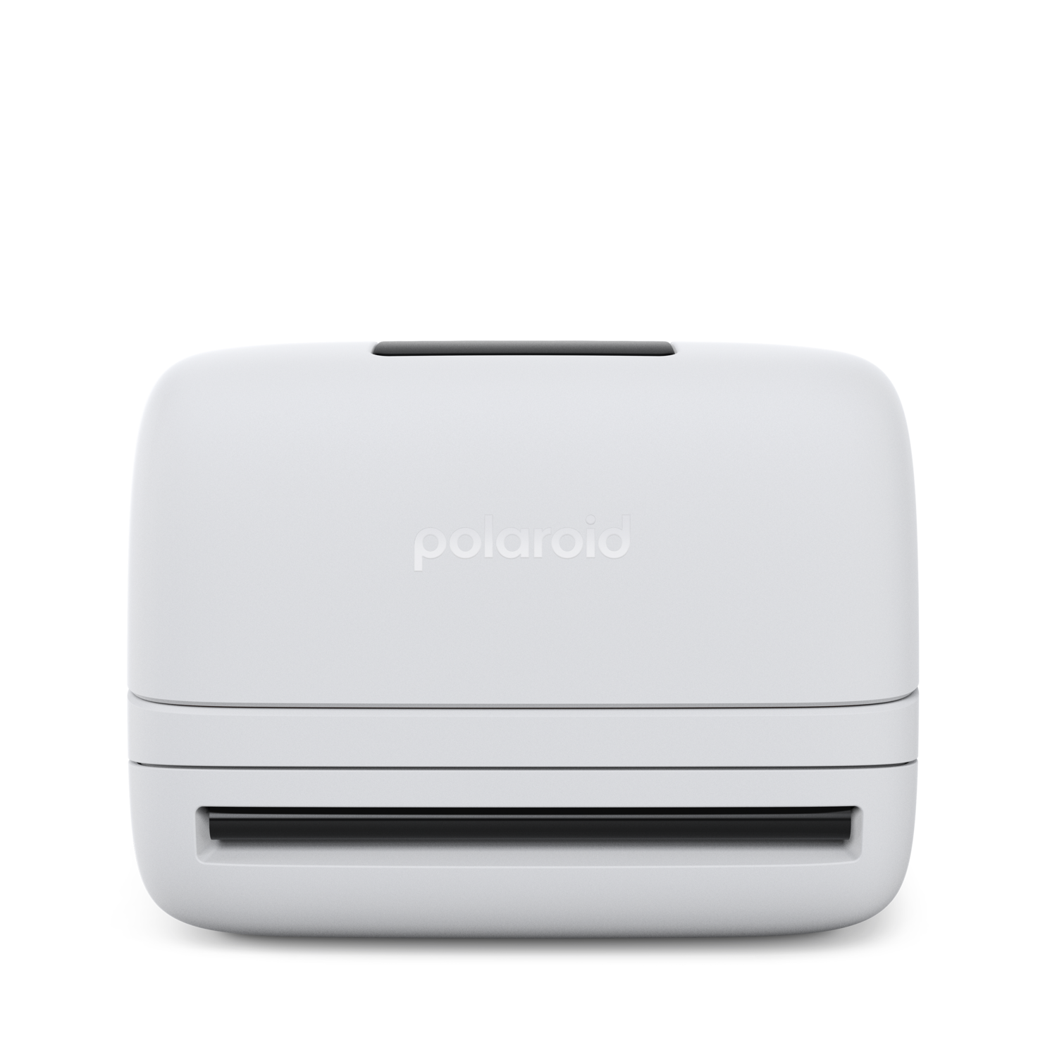Een witte Polaroid fotoprinter op een zwarte achtergrond. Het is rechthoekig met afgeronde hoeken en het Polaroid-logo is zichtbaar.