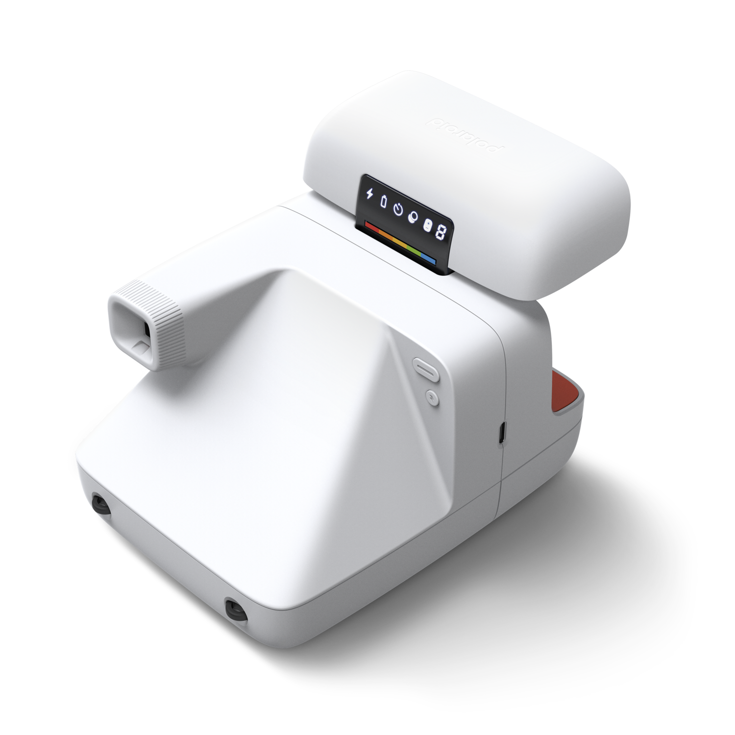 Een witte Polaroid camera op een zwarte ondergrond. Het heeft een digitaal display en een rode knop.