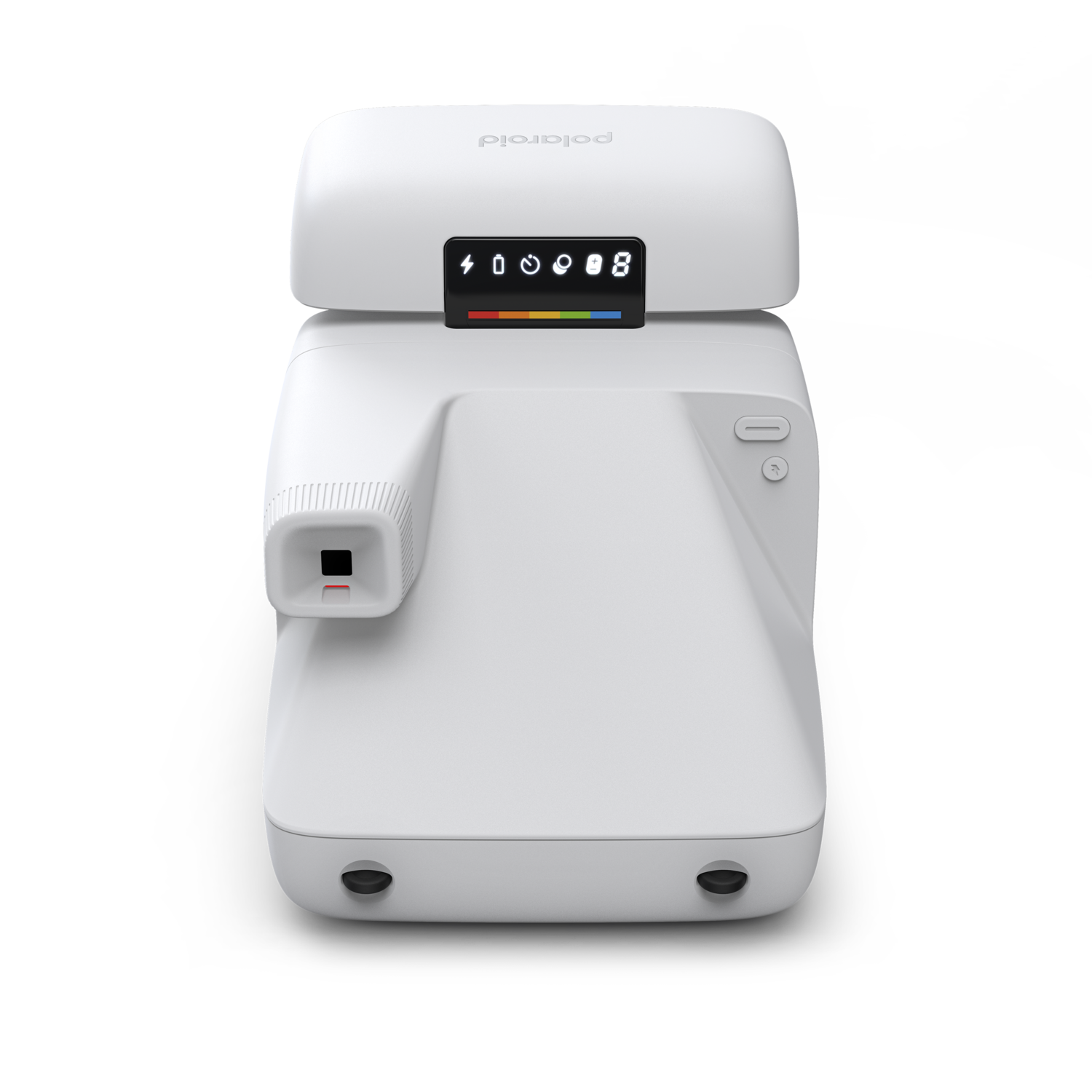 Een witte Polaroid camera met een digitaal display met batterij- en filmtelling. De achtergrond is zwart.