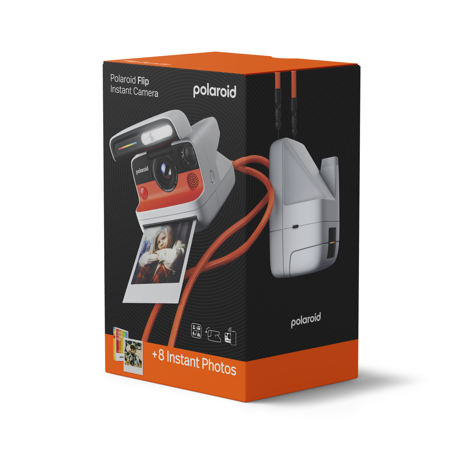 Polaroid Flip instant camera, grijs en oranje, met een foto. Doos toont camera en een apart printer-achtig apparaat.
