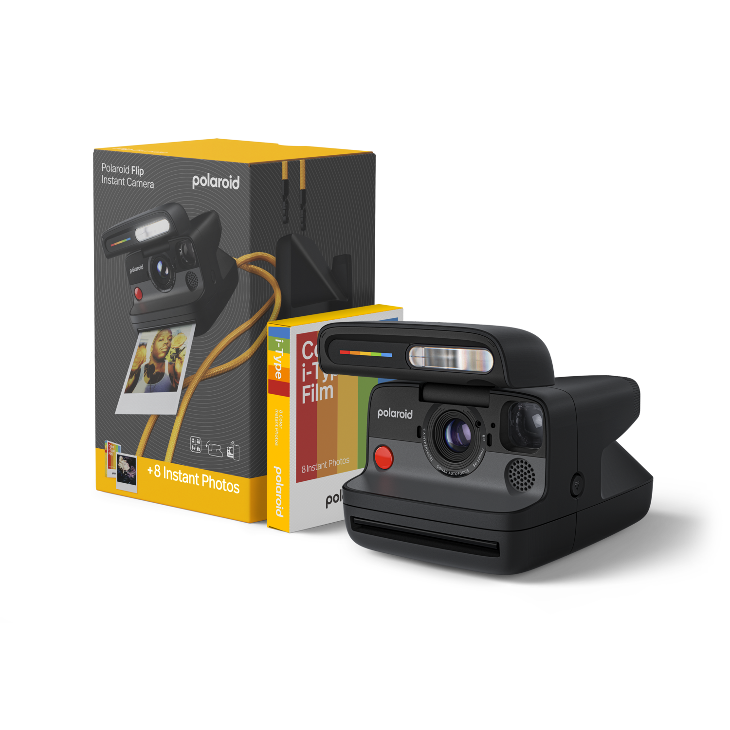 Een zwarte Polaroid camera met een filmdoos en cameradoos. De scène is goed verlicht.