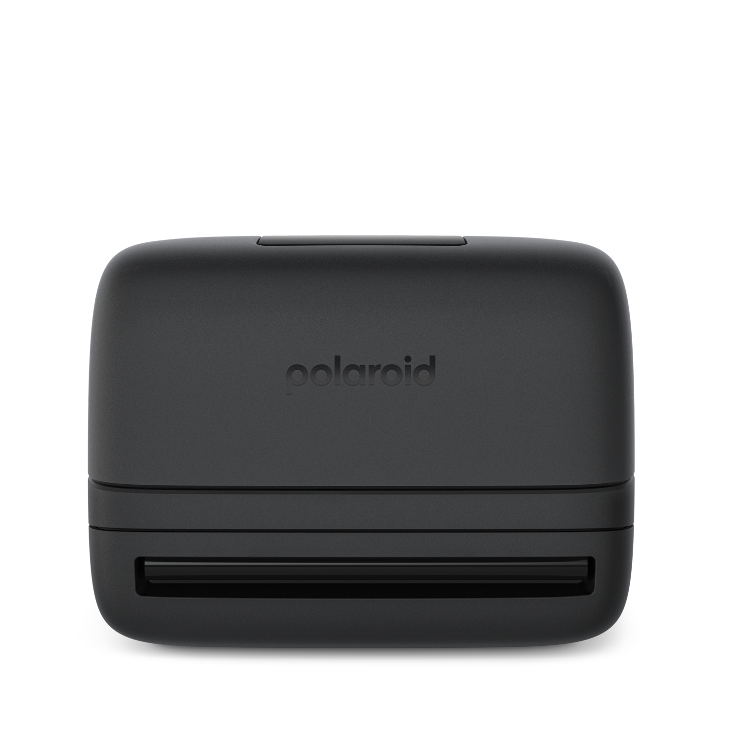 Een zwarte Polaroid-printer op een zwarte achtergrond. Het Polaroid-logo is zichtbaar aan de bovenkant van het apparaat. Het heeft een sleuf aan de onderkant.