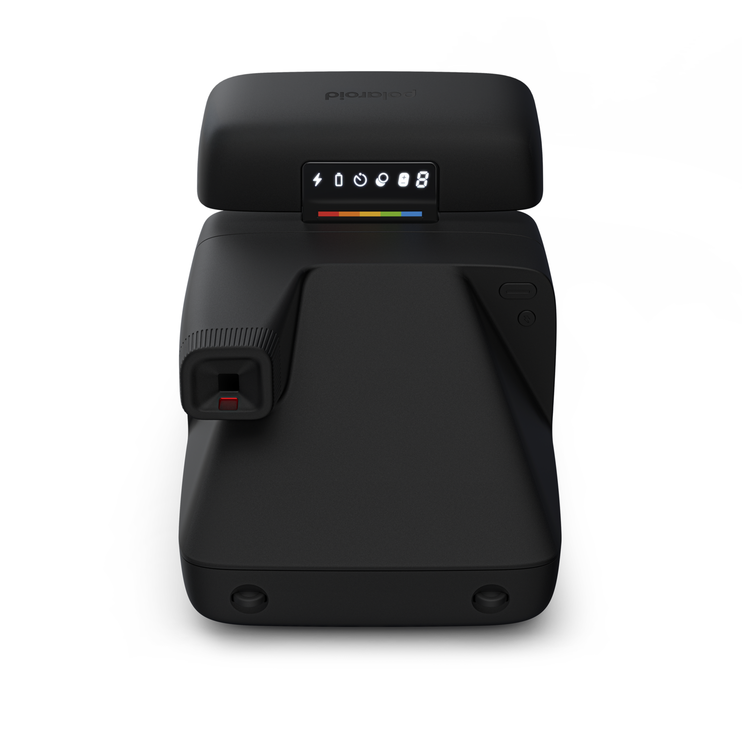Een zwarte Polaroid camera met een digitaal display met cijfers en kleuren. De camera staat op een zwarte achtergrond.