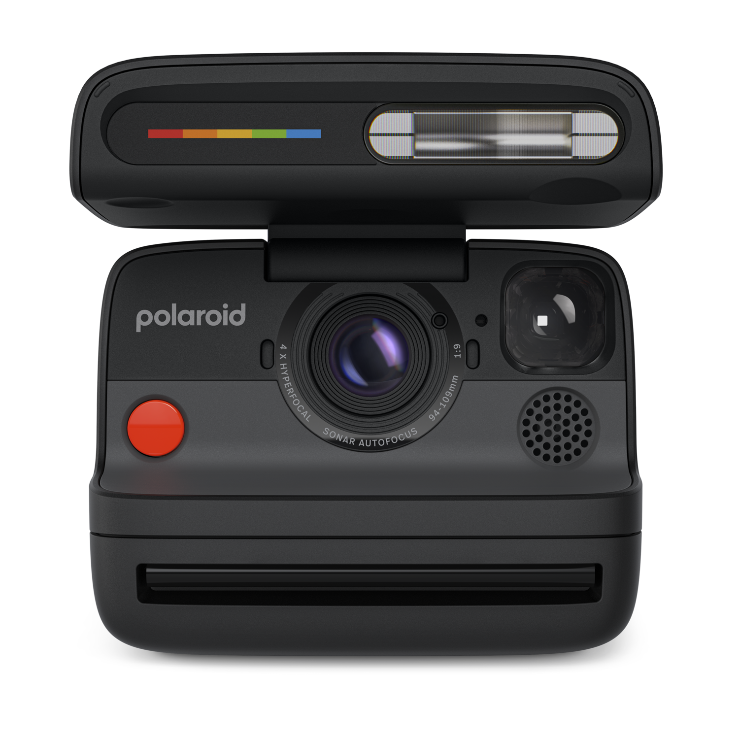 Een zwarte Polaroid-camera met een rode knop, lens en flitser. Het heeft een regenboogkleurenstaaf en het Polaroid-logo.