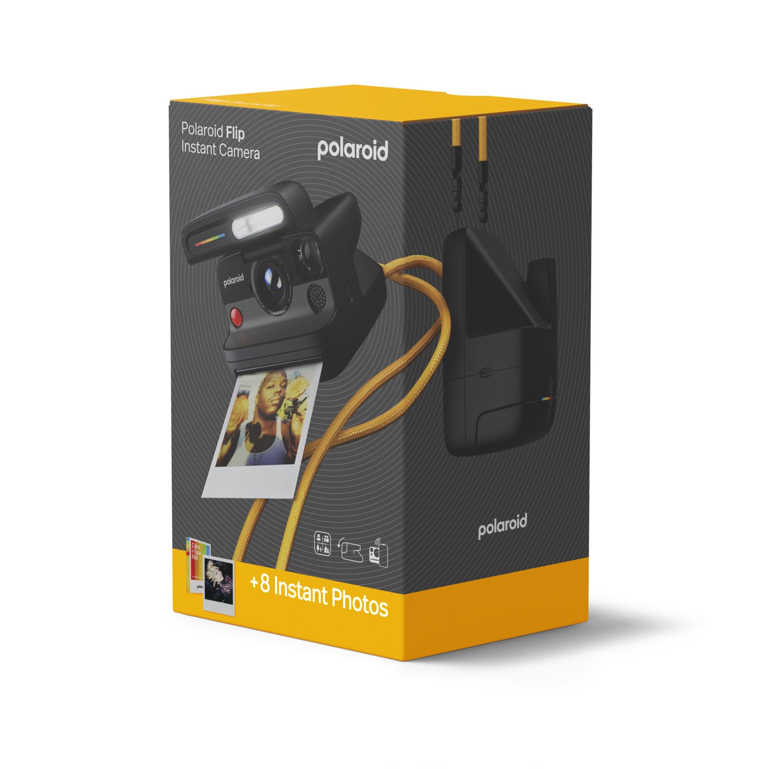 Polaroid Flip instant camera in een doos met instant foto's. Camera is zwart met gele band. Doos is zwart en geel.