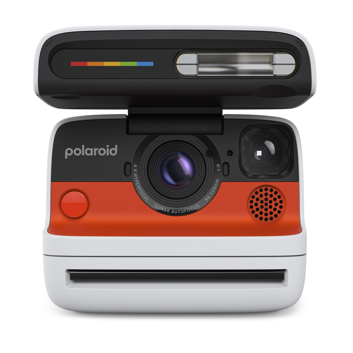 A white, orange, and black Polaroid camera. It has a flash, a lens, and a colorful stripe on the top.