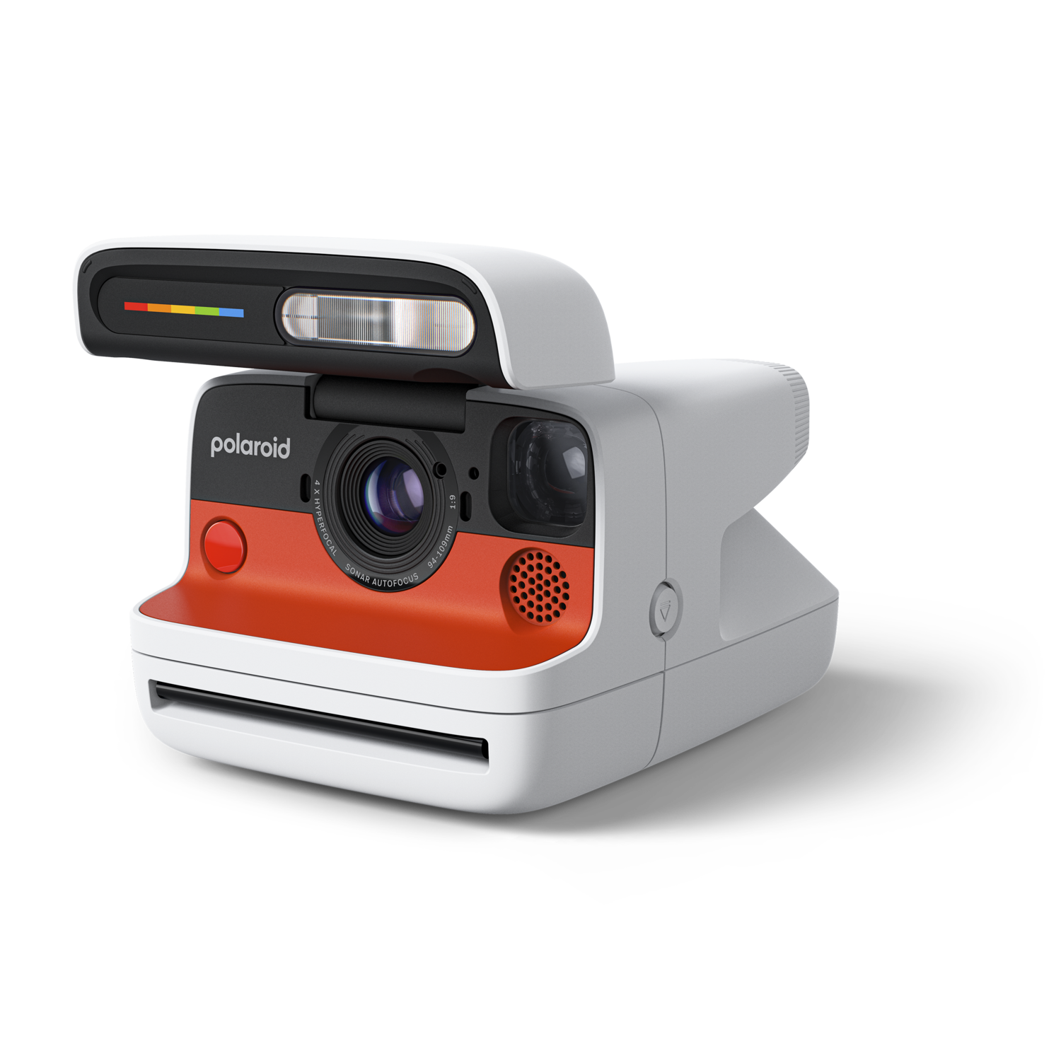 A white and orange Polaroid camera. It has a flash, a lens, and a red button. The background is black.