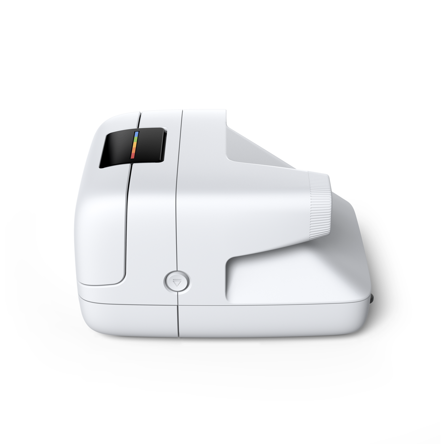 A white Polaroid camera, side view, on a black background. It has a rainbow color bar and a button with a triangle.