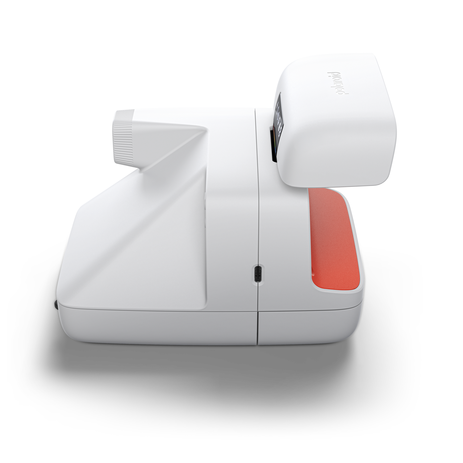 A white Polaroid camera with a red accent sits against a black background. The word 'Polaroid' is visible on top of the camera.