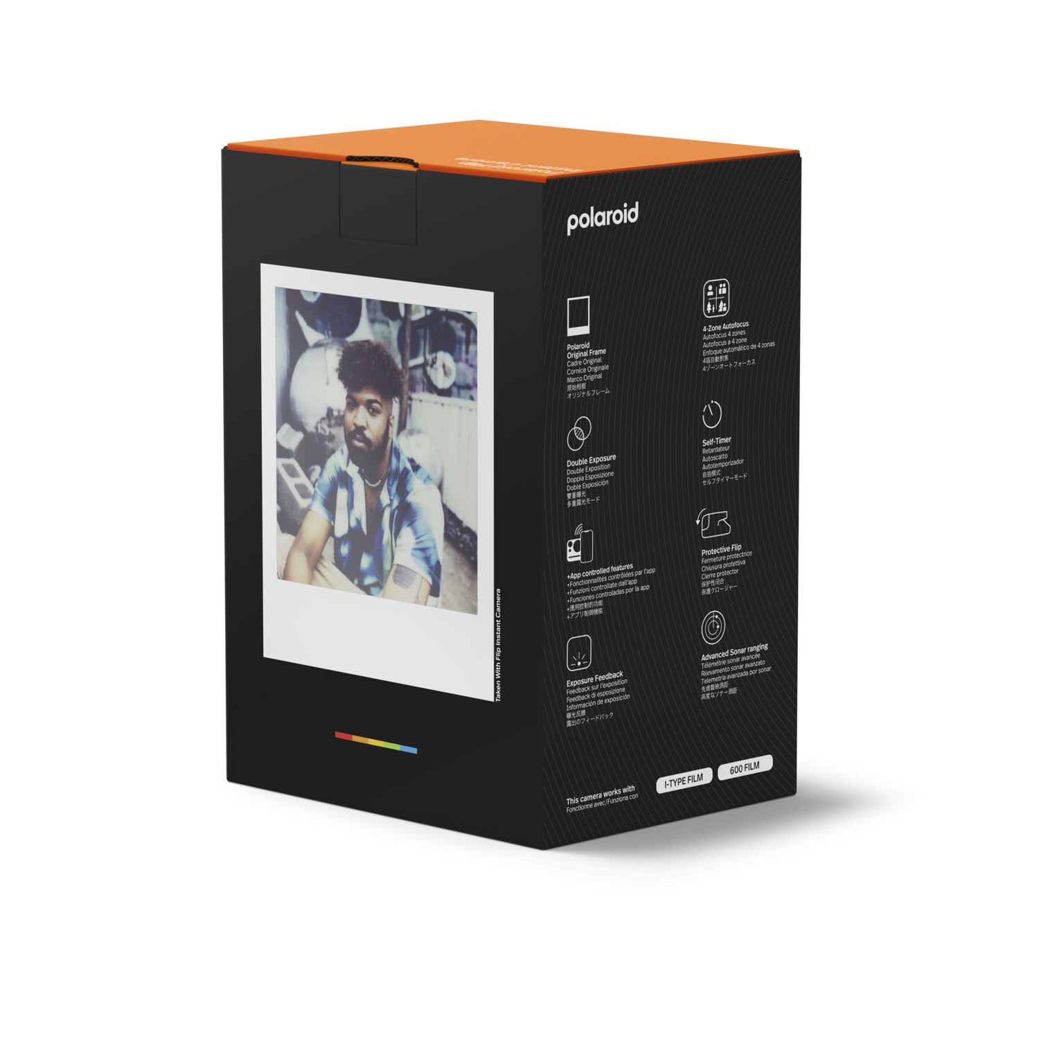 Polaroid camera box. Shows a photo of a man. Text on box: Polaroid, Original Frame, Double Exposure, I-TYPE FILM.