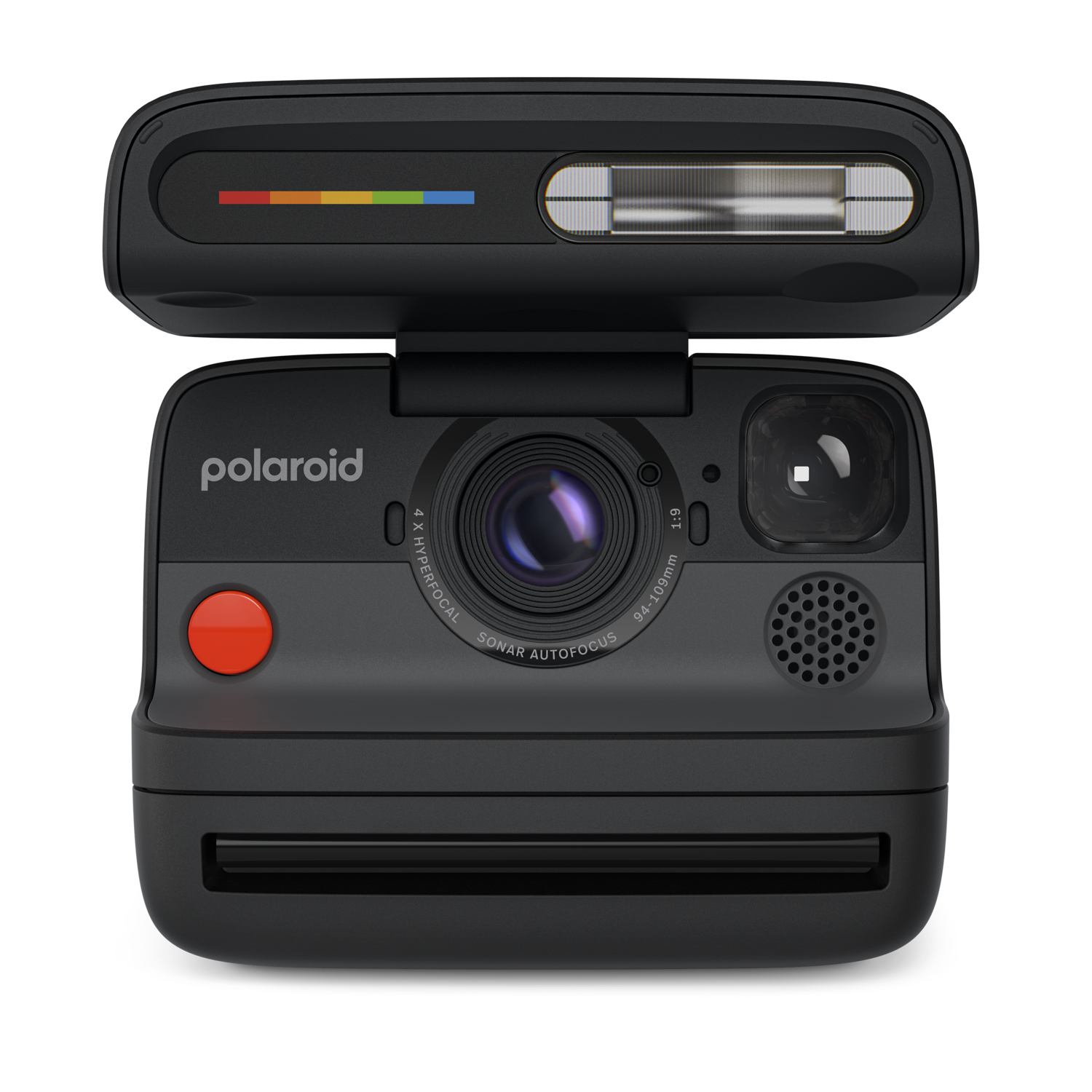 Un appareil photo Polaroid noir avec un bouton rouge, un flash et une bande aux couleurs de l'arc-en-ciel. L'appareil est sur fond noir.