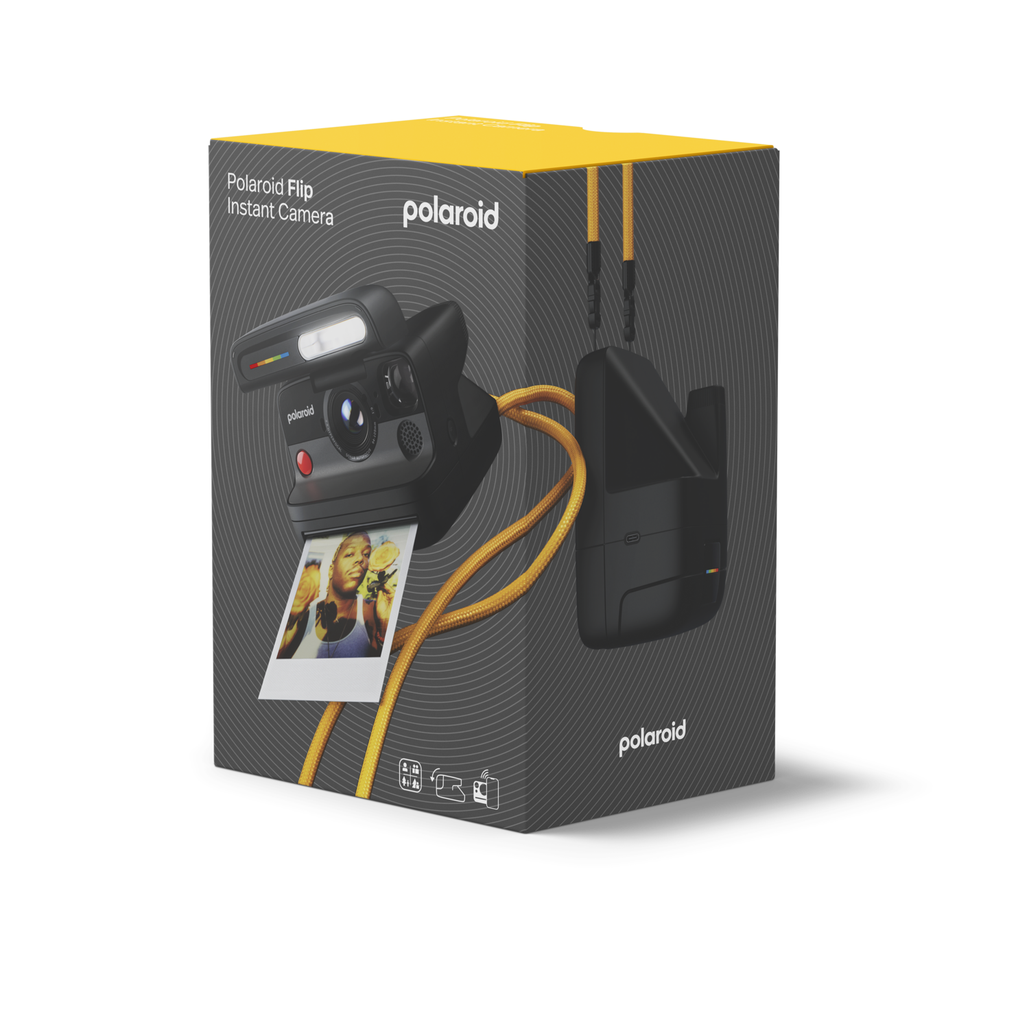 Un appareil photo instantané Polaroid noir avec une sangle jaune est affiché sur une boîte. La boîte contient une photo de l'appareil et une photo imprimée.