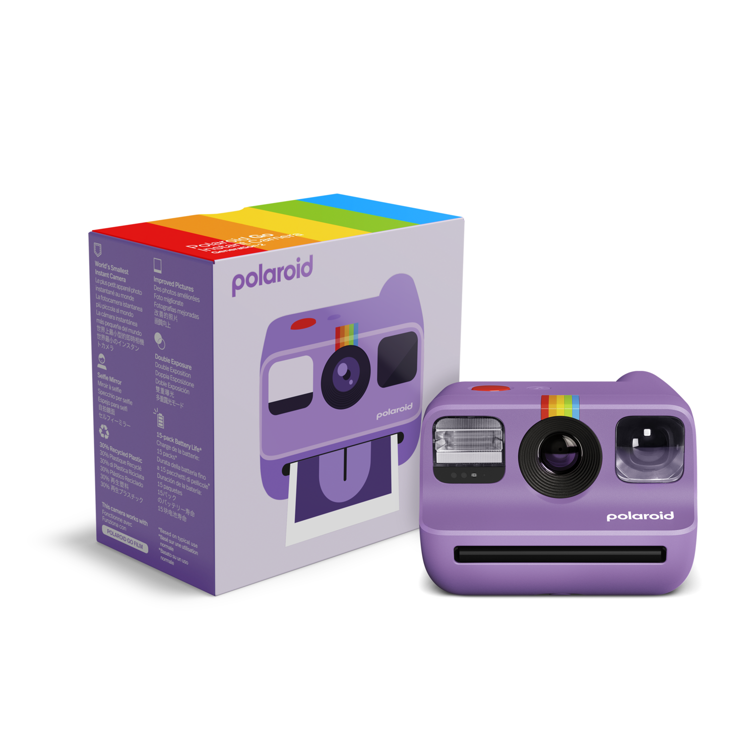 Un appareil photo Polaroid violet et sa boîte. La boîte a une bande arc-en-ciel en haut, et l'appareil photo aussi.