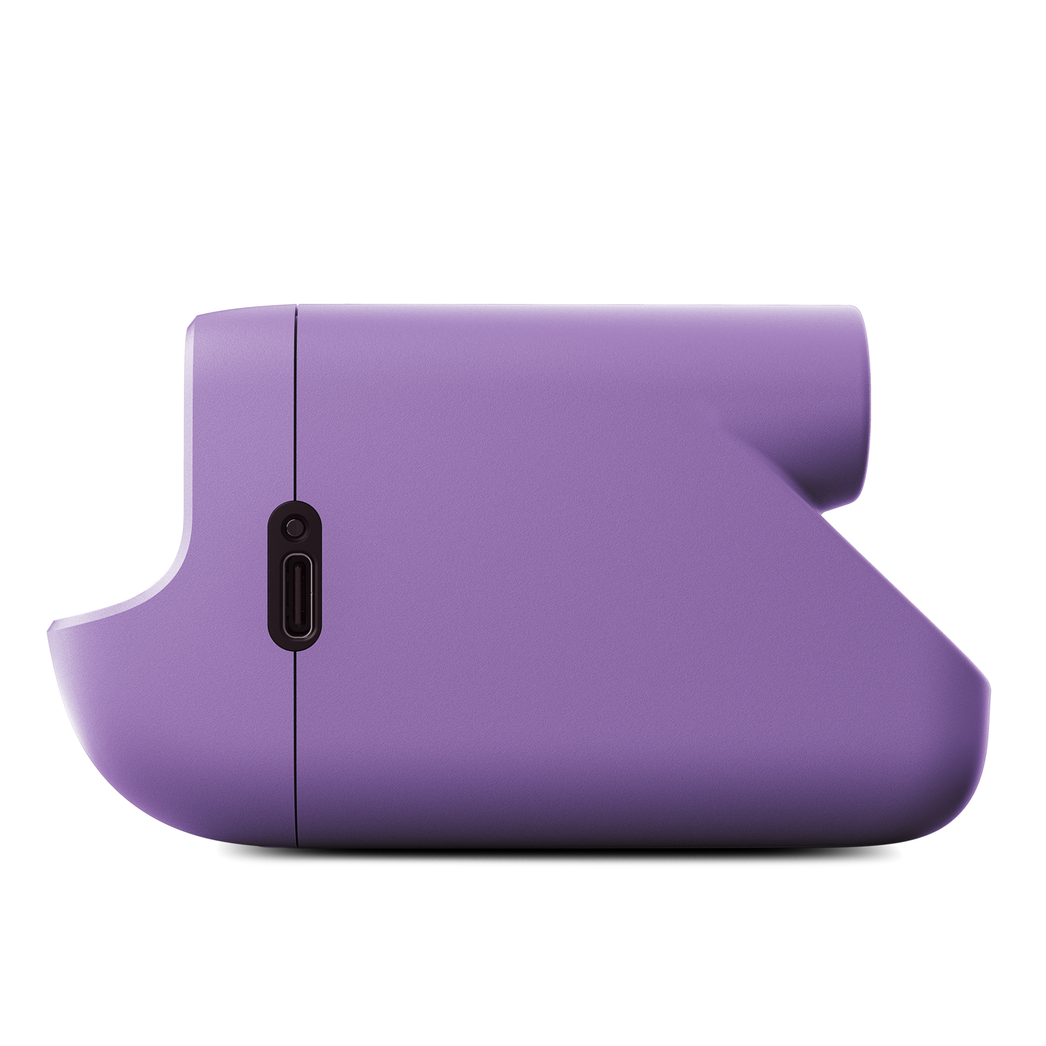 Un appareil photo violet sur fond noir. Il a un corps arrondi avec un objectif, un bouton d'alimentation et un port de charge.
