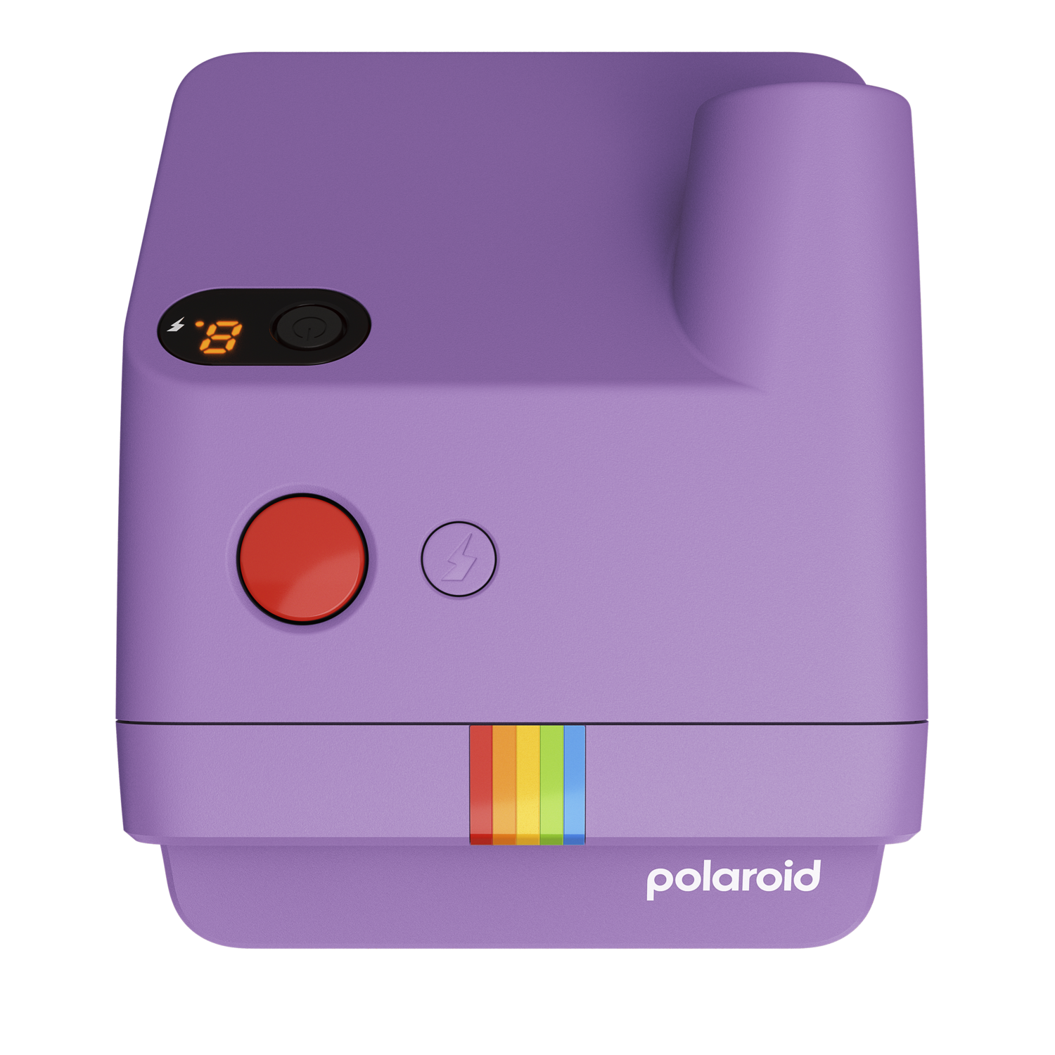 Un appareil photo Polaroid violet avec un bouton rouge. Il a une bande arc-en-ciel et un affichage numérique montrant le chiffre 8. Le fond est noir.