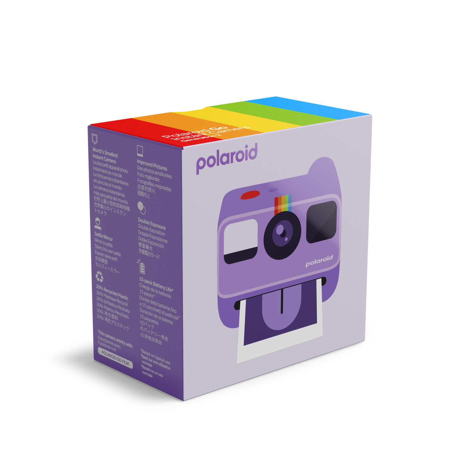 Boîte d'un appareil photo instantané Polaroid Go. Comprend une illustration d'appareil photo violet et du texte arc-en-ciel en haut.