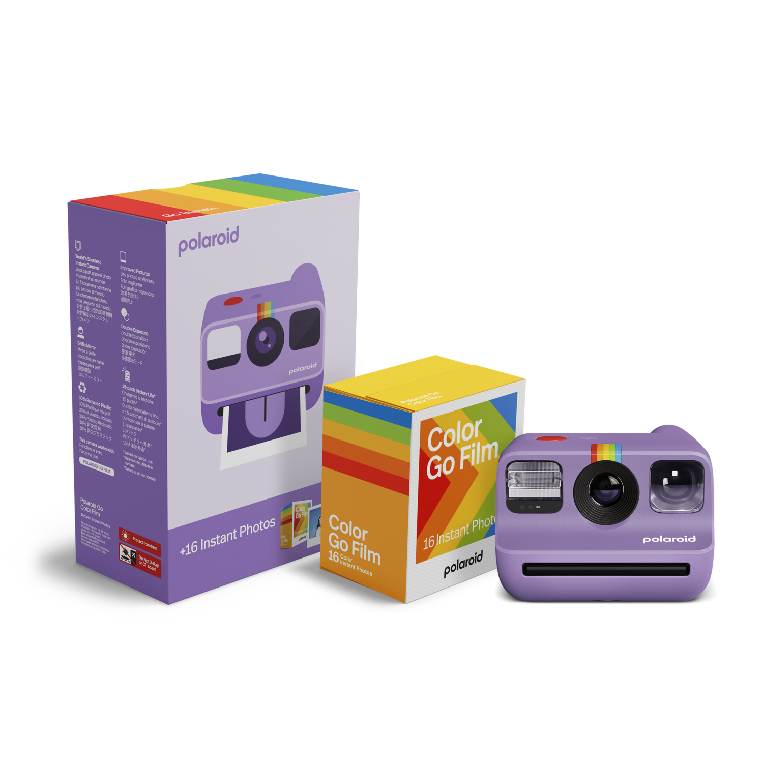 Een paarse Polaroid-camera, een doos en een filmdoos. De dozen hebben regenboogstrepen.