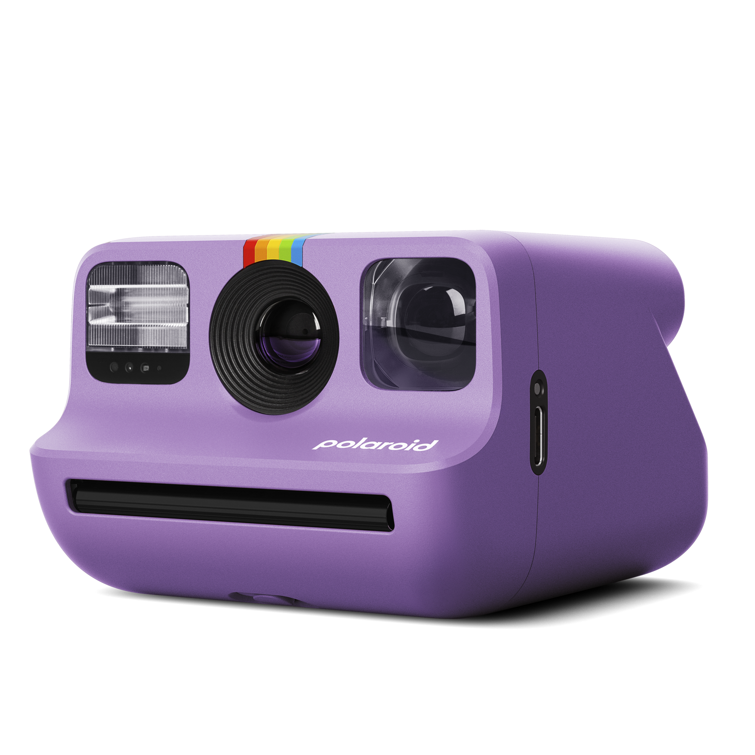 Een paarse Polaroid camera met een regenboogstreep. Het heeft een lens, flitser en het woord "polaroid". Zwarte achtergrond.