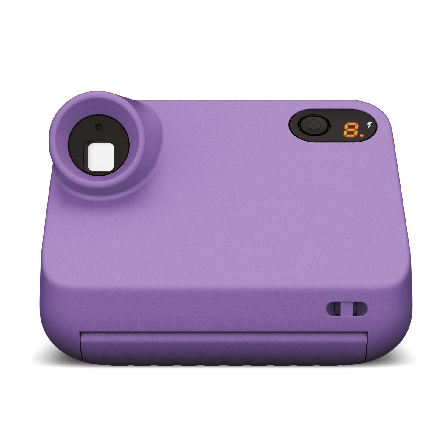 Een paarse instant camera op een zwarte achtergrond. Hij heeft een lens, aan/uit-knop en een display met '8.'. Een schuifschakelaar bevindt zich onderaan.