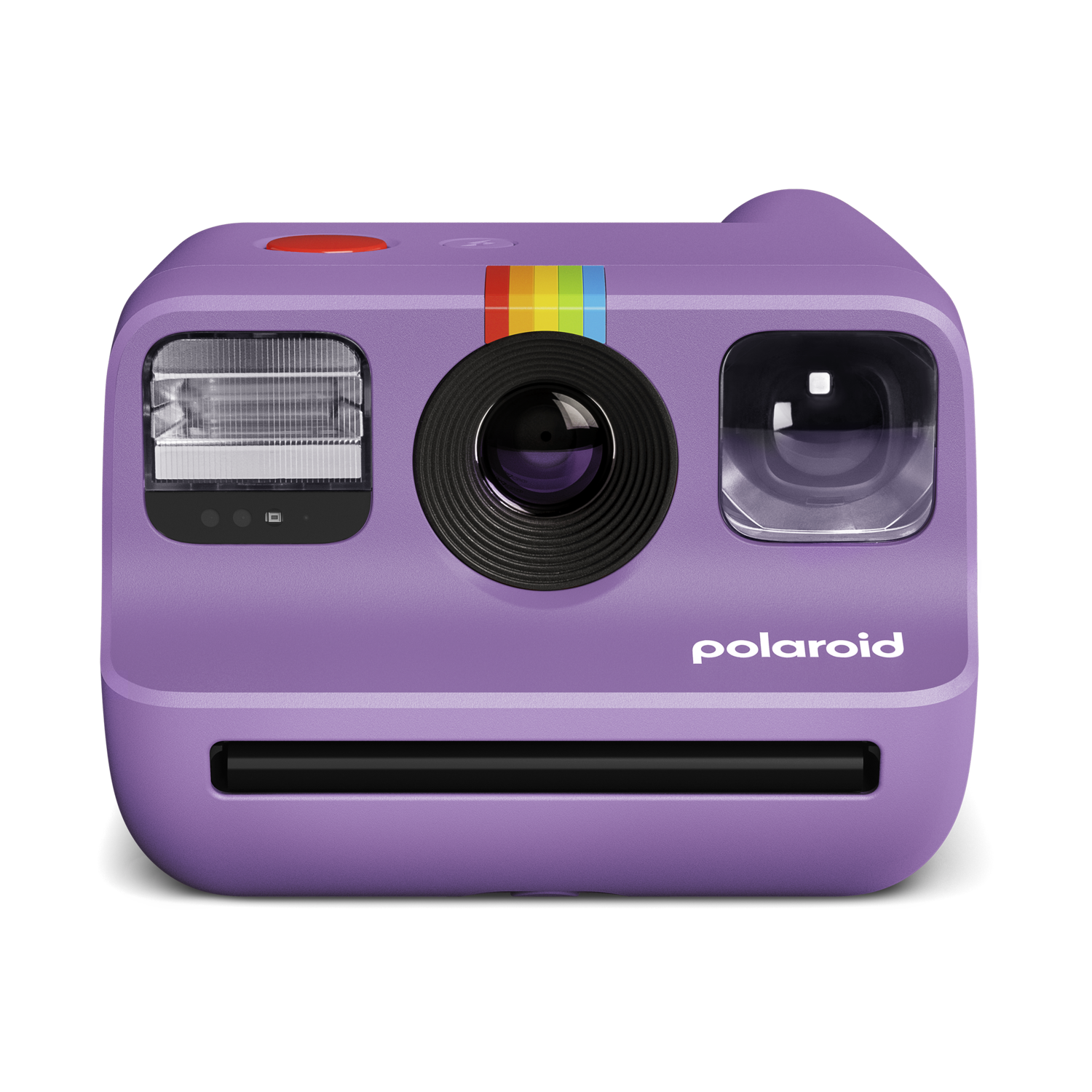 Een paarse Polaroid-camera met een regenboogstreep, rode knop, flitser, lens en het woord 'Polaroid' op een zwarte achtergrond.