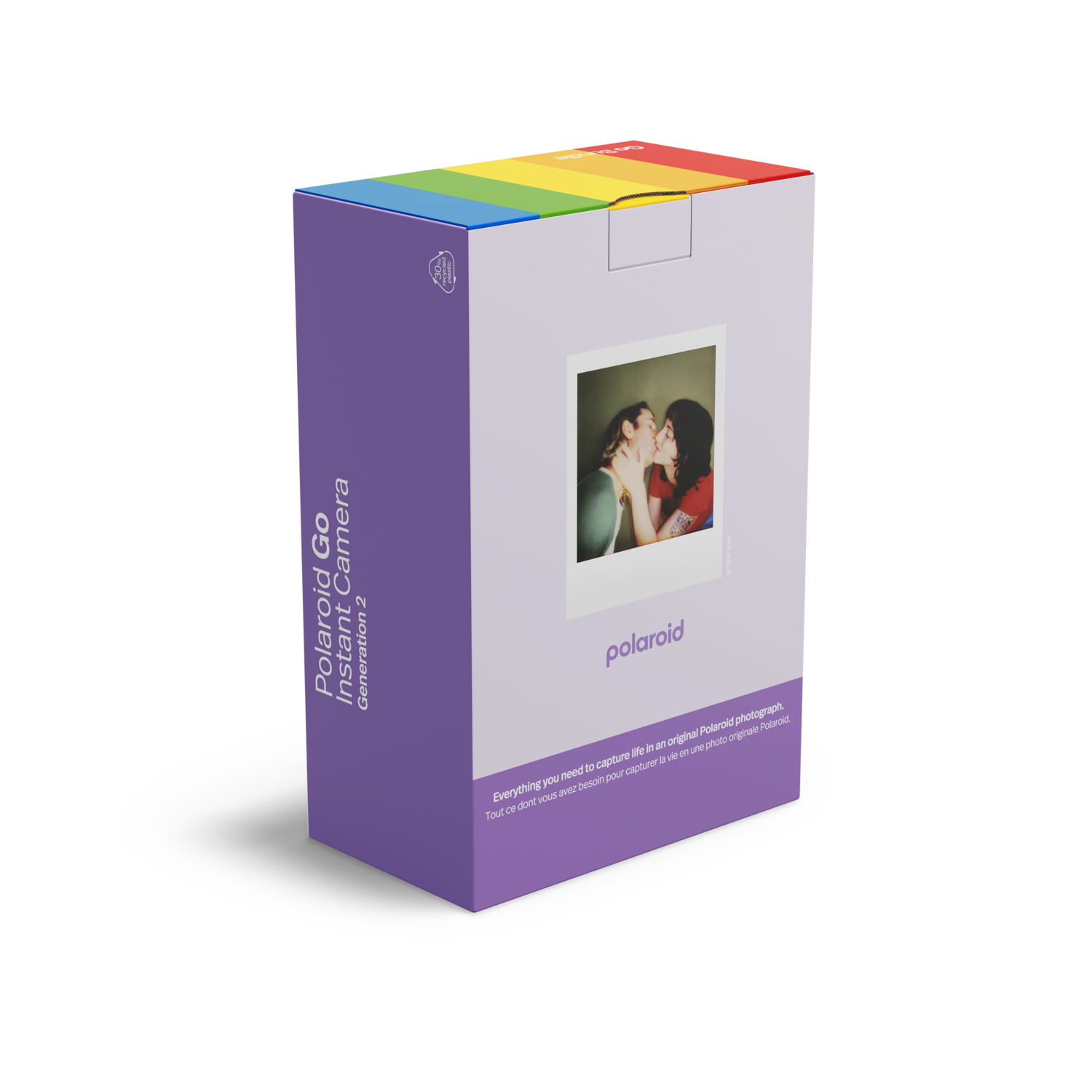 Een paarse Polaroid Go cameradoos met regenboog bovenkant. De doos toont een foto van twee kussende mensen. Tekst: 'Polaroid' en 'Generation 2'.