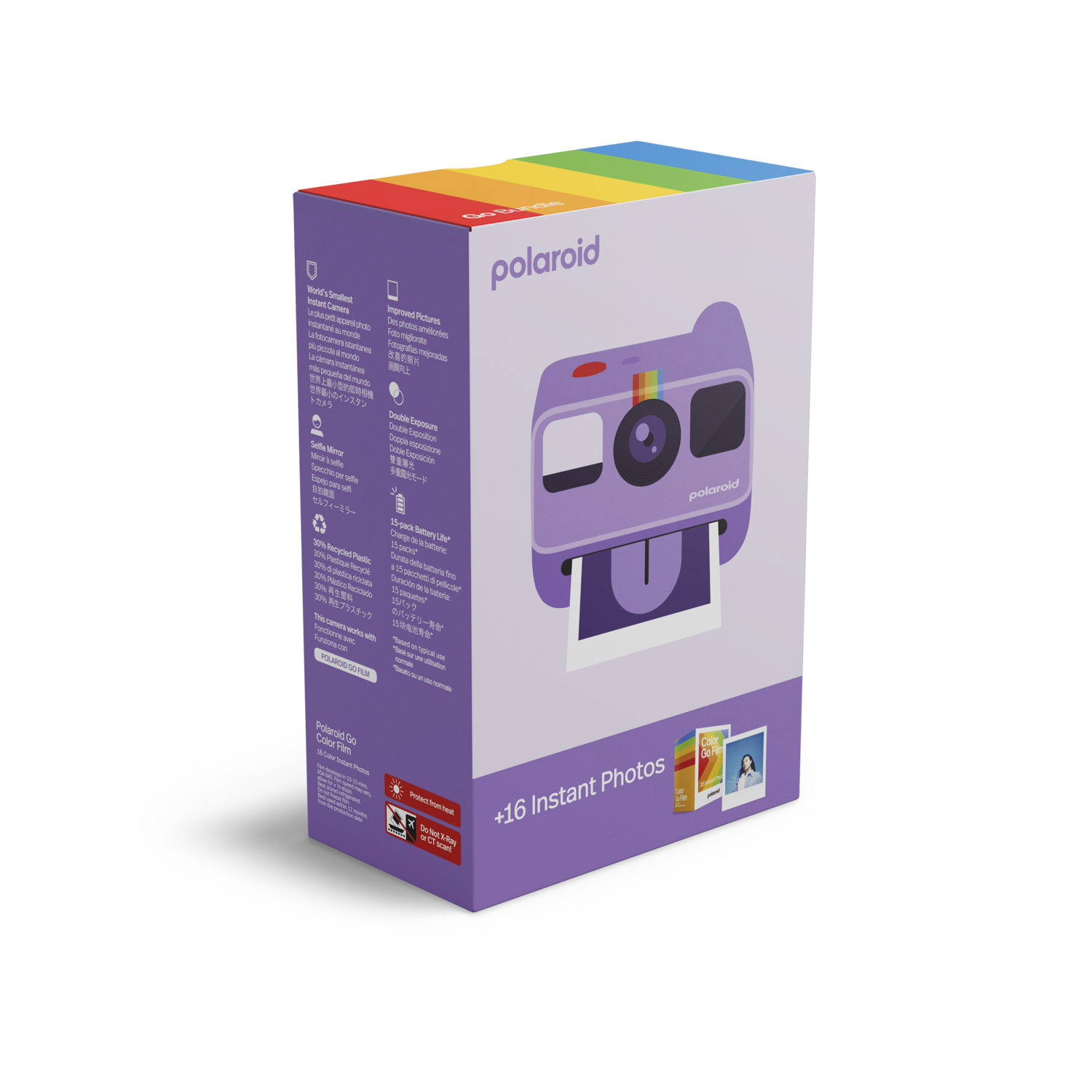 Een paarse Polaroid cameradoos met een regenboogbovenkant. Het heeft een foto van de camera en +16 Instant Photos.